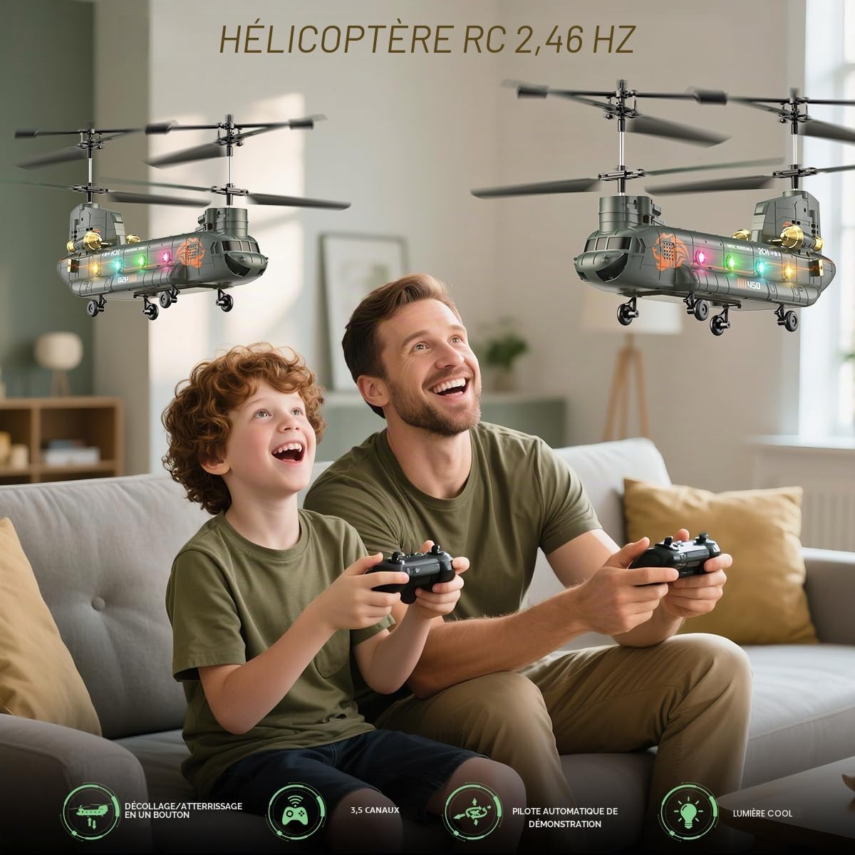 VATOS Hélicoptère radiocommandé 2,4 GHz Transport Militaire avec Maintien de l'altitude, démarrage/atterrissage à Un Bouton, lumière LED