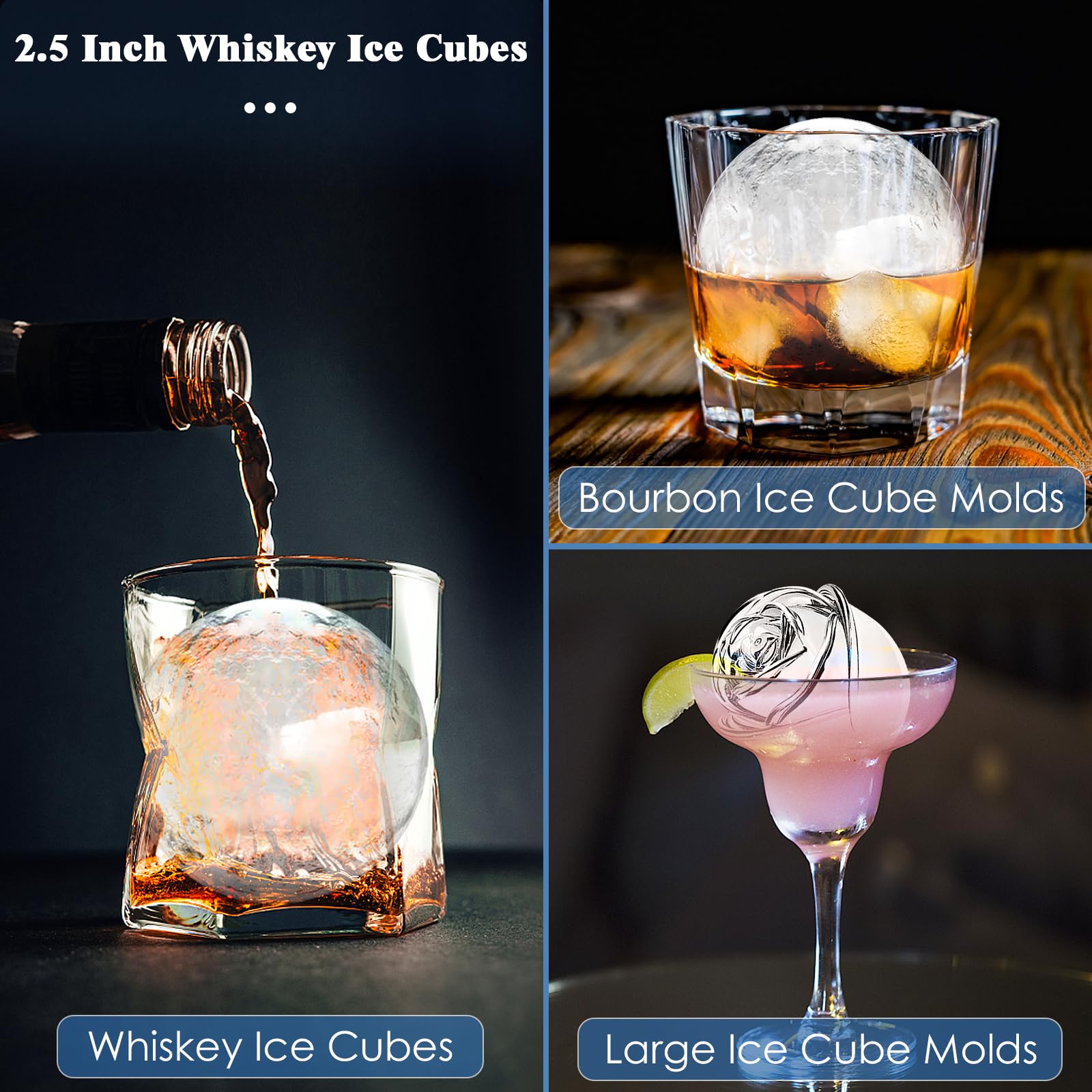 Silicone Ice Cube Mold for Freezer: Large Ice Cube Tray - Whiskey Ice Cubes Mold - Round Balls Ice Mold for Bourbon - Rose Ice Cube Trays for Cocktail - 2 Pack