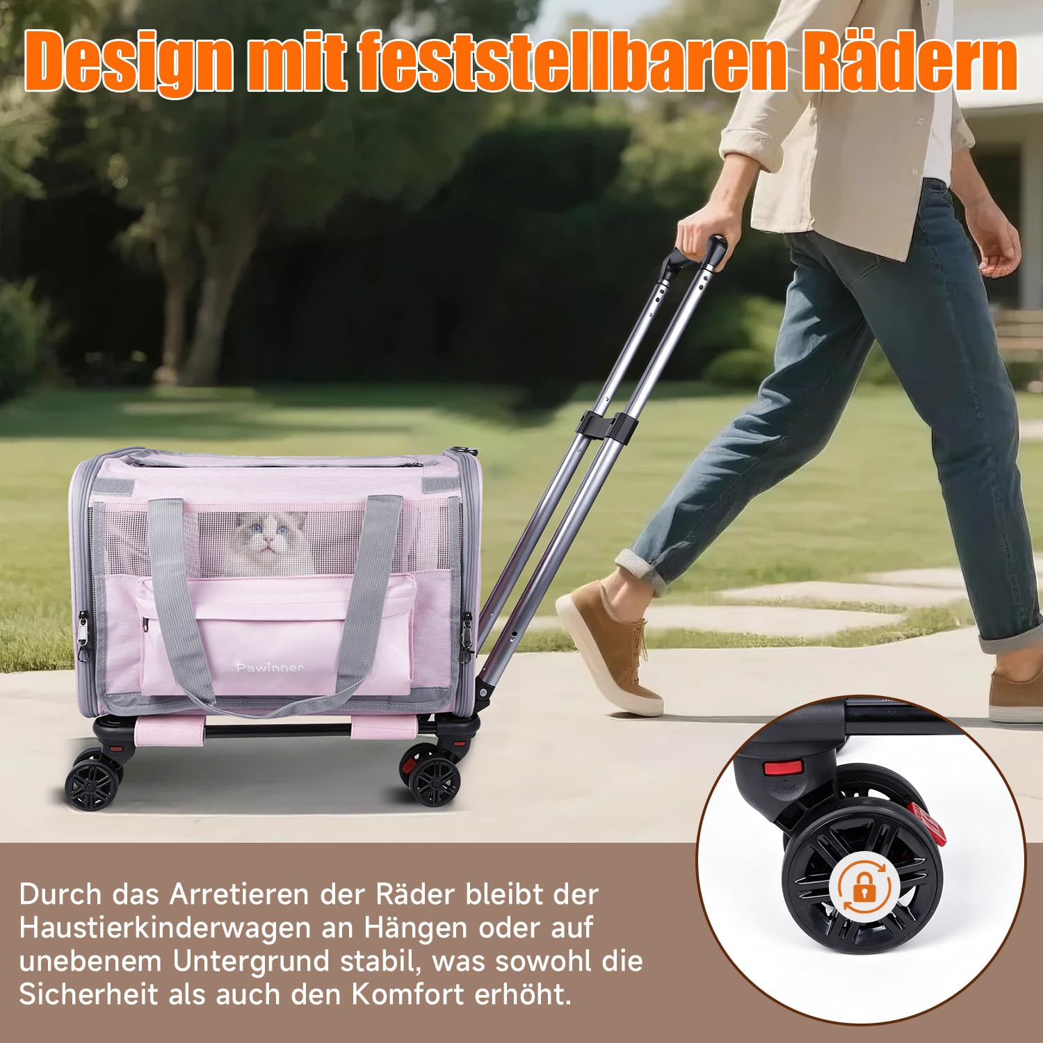 Trasportino con ruote, per gatti e cani fino a 9 kg, 45 x 30 x 30 cm, in tessuto Oxford 600D, pieghevole e traspirante, a prova di esplosione, per viaggi, auto, veterinario e aereo, rosa