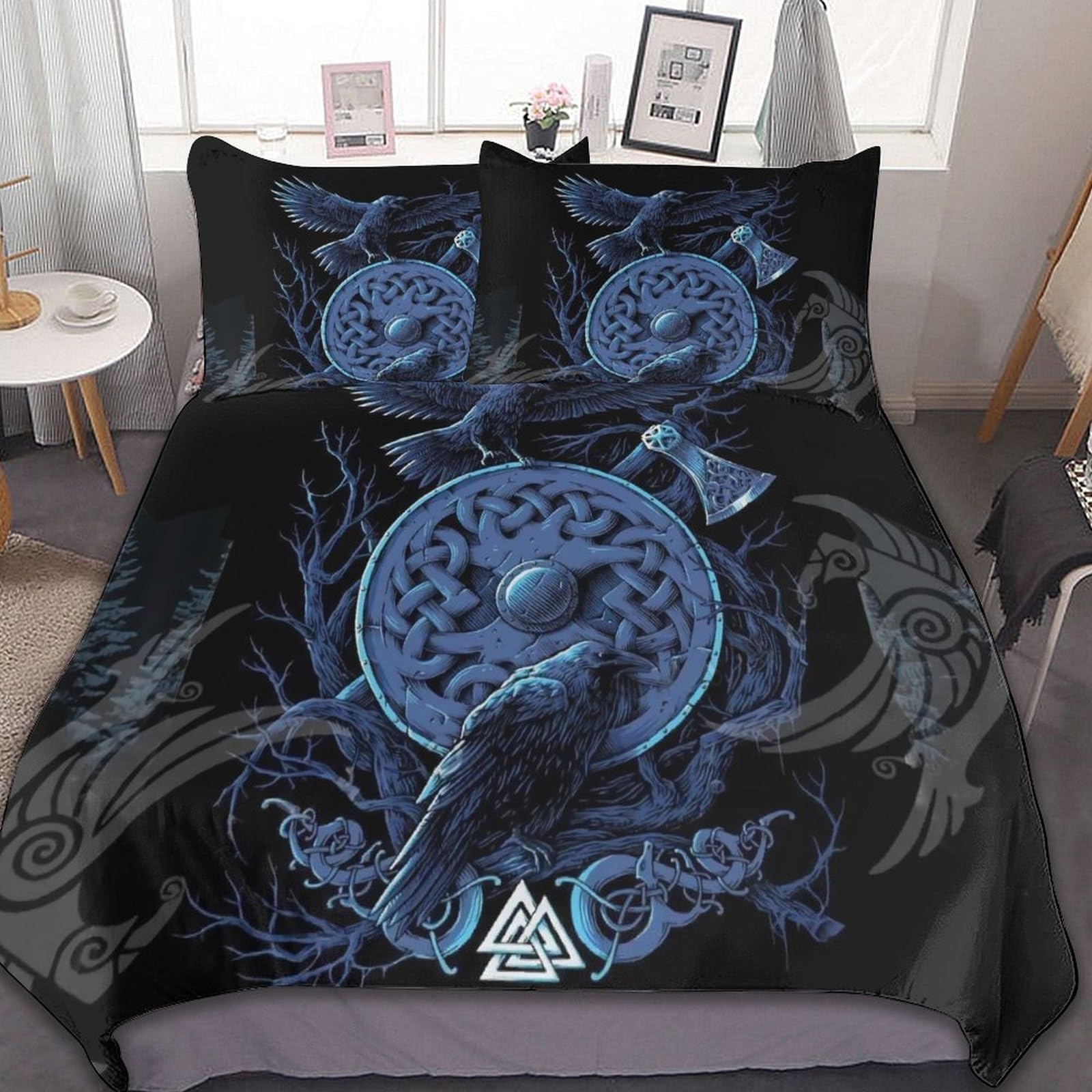 Housse de couette Viking Valknut avec motif corbeau celte