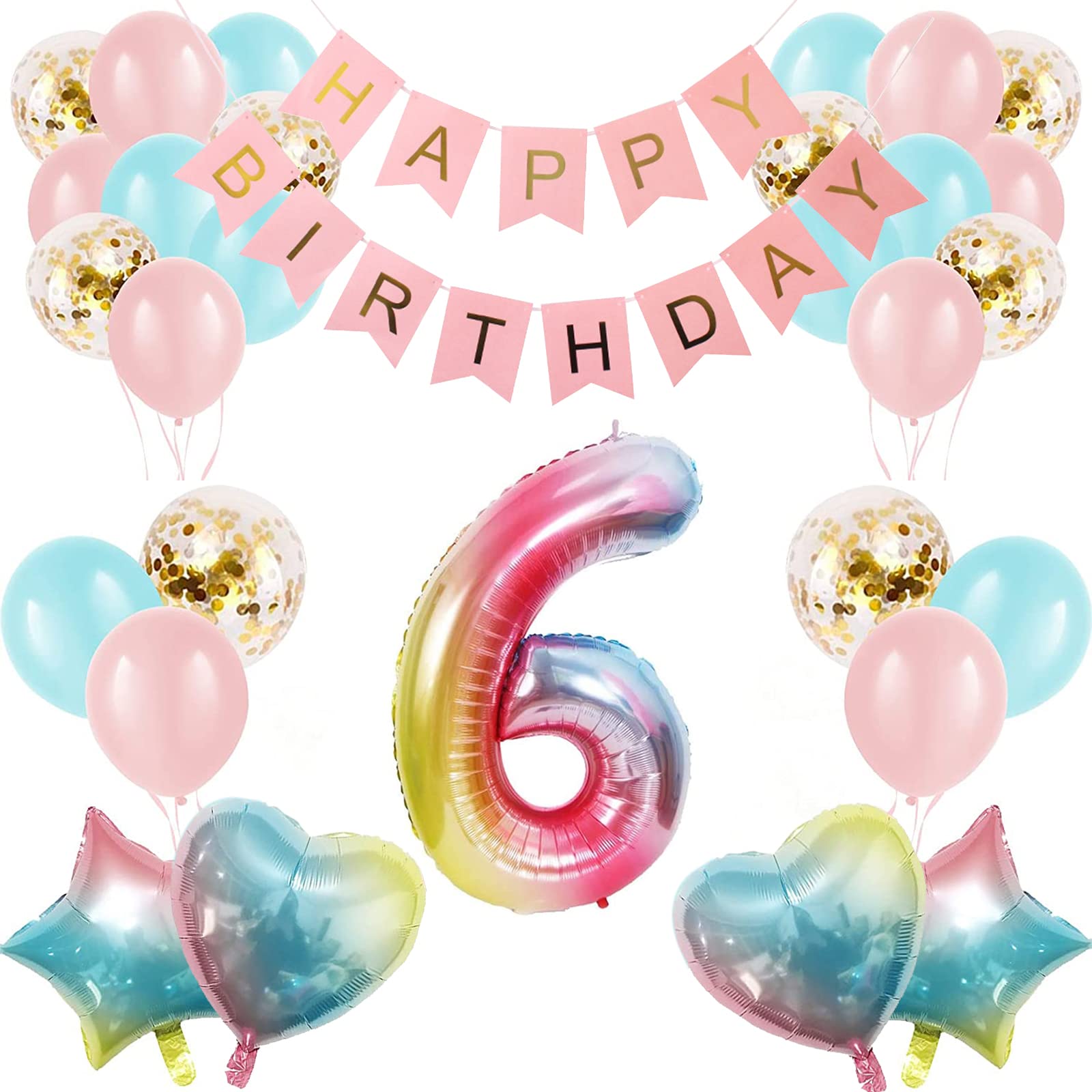 Girl 6th Birthday Decorations Gradient Color Age 6 Balloon Arch Kit with 40 inch Number 6 Foil Balloon Happy Birthday Banner & 28 Latex Balloons for Sixth Birthday Party (6th Birthday Balloon Set)