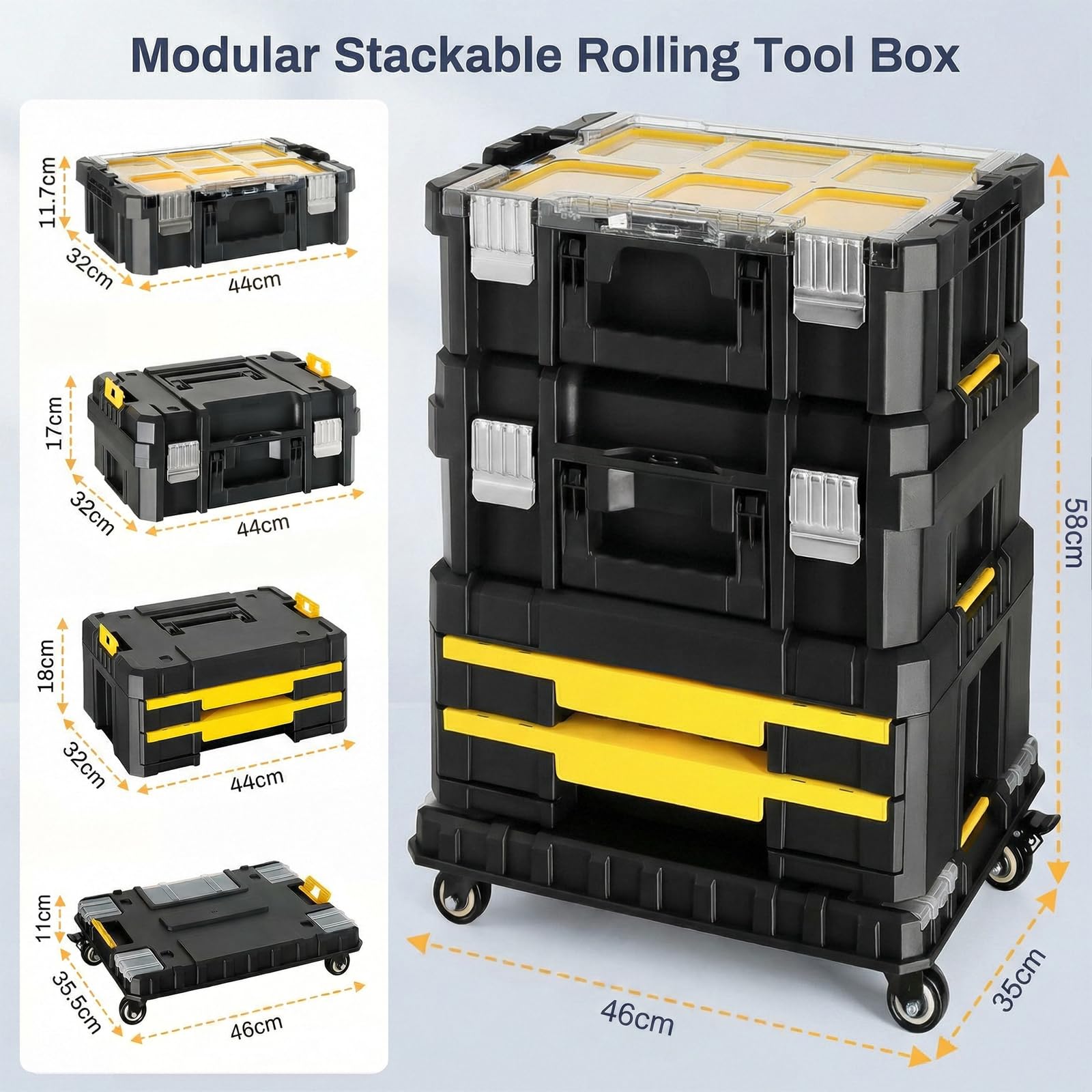Cassetta Attrezzi 4 Livelli, Sistema Modulare Impilabile con Ruote, Cassetti, Cassetta Degli Attrezzi Mobile per Officina, Garage e Casa, 44,5 x 35 x 52 cm
