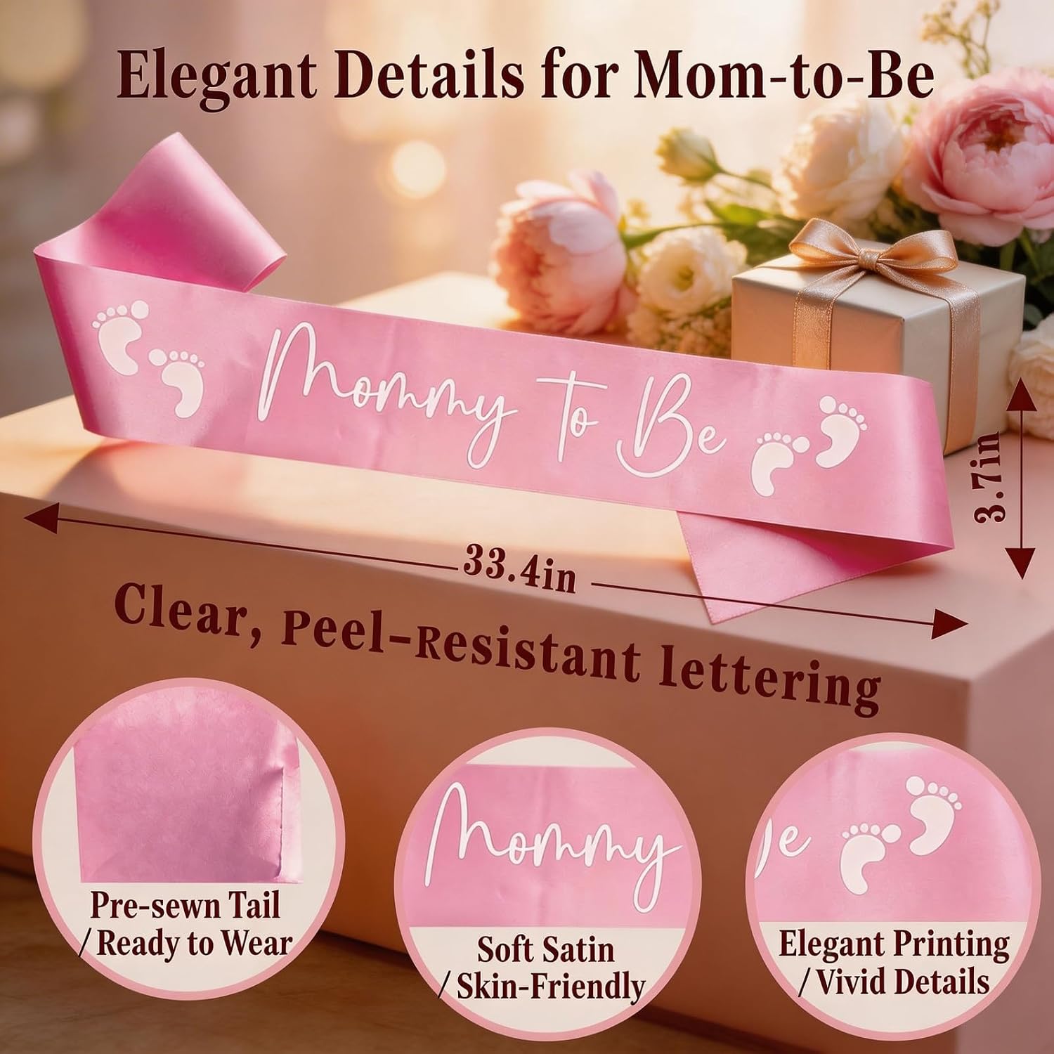 Mommy to Be Sash and Pin Set - Pink Baby Shower Decorations for Girl with Bracelet Keepsake - 4Pcs Gender Reveal Party Supplies for Mom Dad