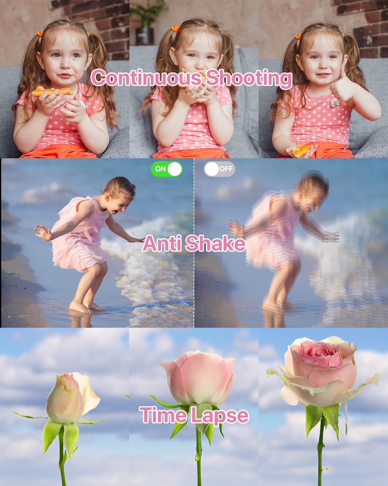 Macchina Fotografica Compatte 1080P, Fotocamera Digitale 44MP con Scheda 32GB, 2.4"LCD Fotocamera Compatta con 16X Digitale Zoom, Mini Ricaricabile Fotocamera Digitale per Bambini (Rosa)