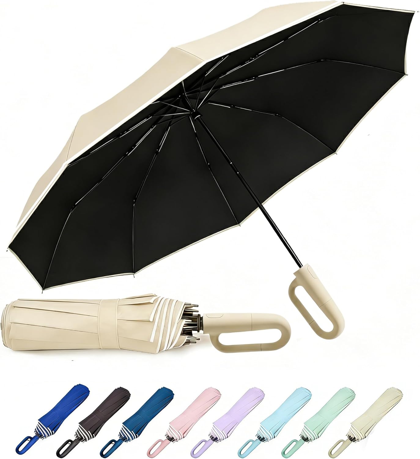 MRTLLOA Travel Essentials Ring Handle Umbrella, Windproof for SUN/UV and Rain with Reflective Stripe, Compact Folding Backpack Umbrella for Women Men, 10 Ribs
