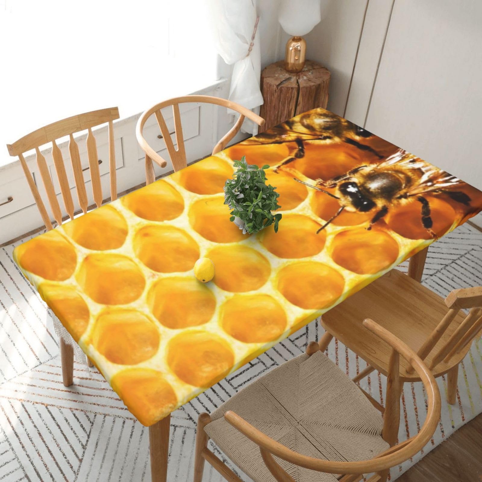 DCEHGEW Elastic Fitted Rectangle Tablecloth for 5ft Tables, Wildlife Bees Printed Oilproof & Washable Fabric Picnic Table Cloth Table Covers