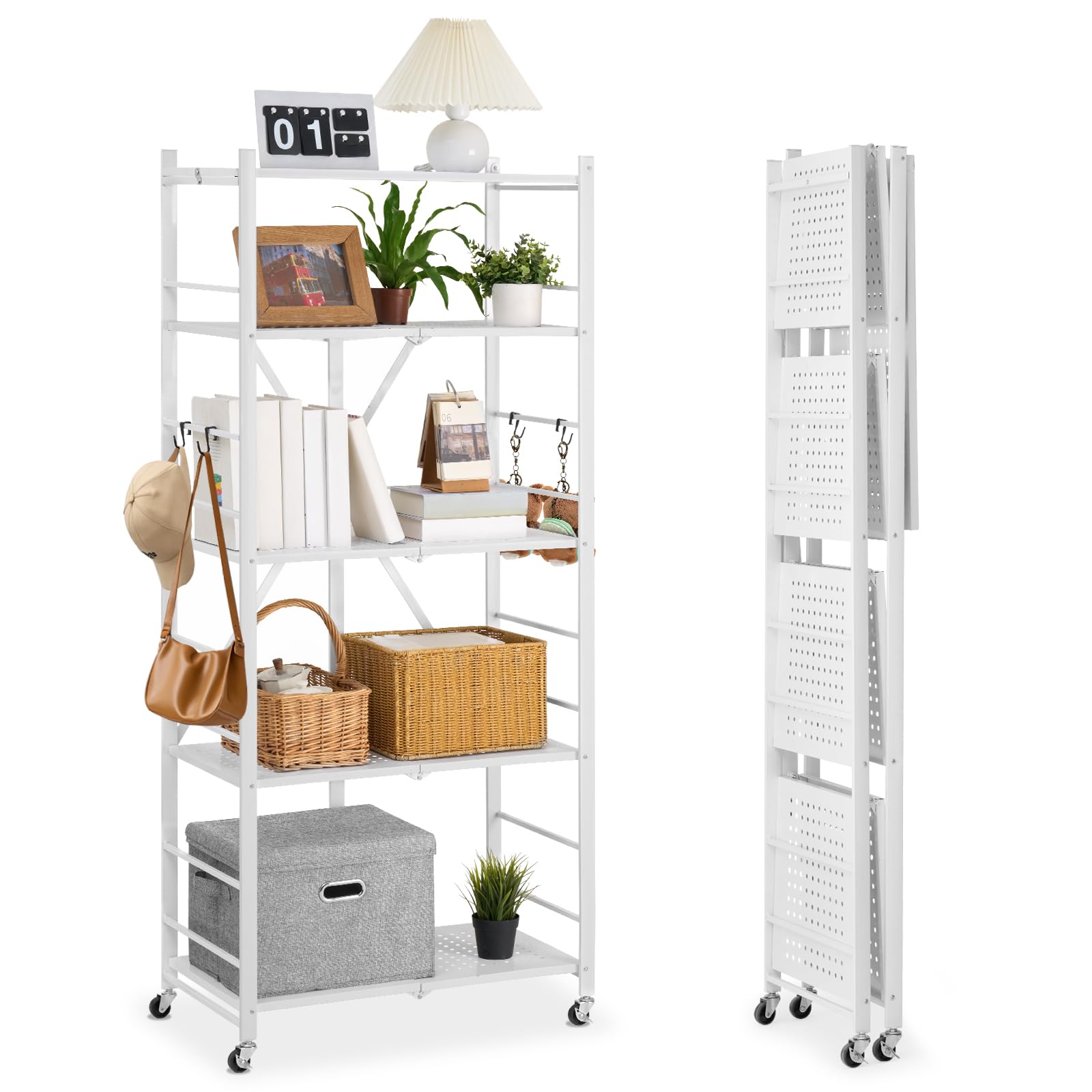 VEVOR 5 Etagen, Klappbare Regale mit Rädern, 38x71x163 cm, Faltbares Schwerlastregal, montagefreies Standregal, Haushaltsregal, Küchenregal, Metallregal für Garage, Küche, Keller, Weiß