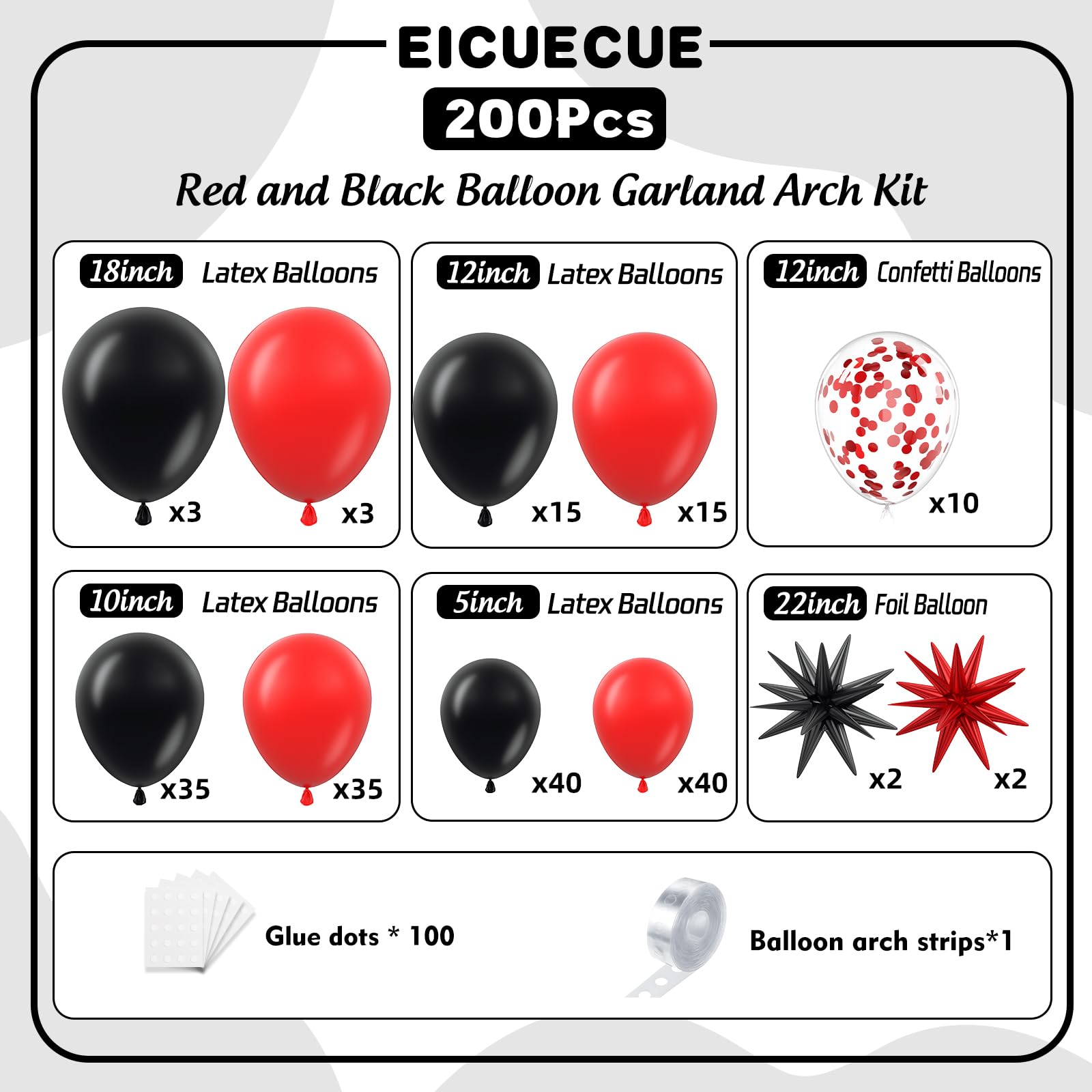 Girlanda z czerwonymi i czarnymi balonami, zestaw z gwiazdami, 200 szt., 10, 12, 18, 56 cm, balony z konfetti na ukończenie szkoły, urodziny, rocznicę, grill, kasyno, Nowy Rok, studniówkę