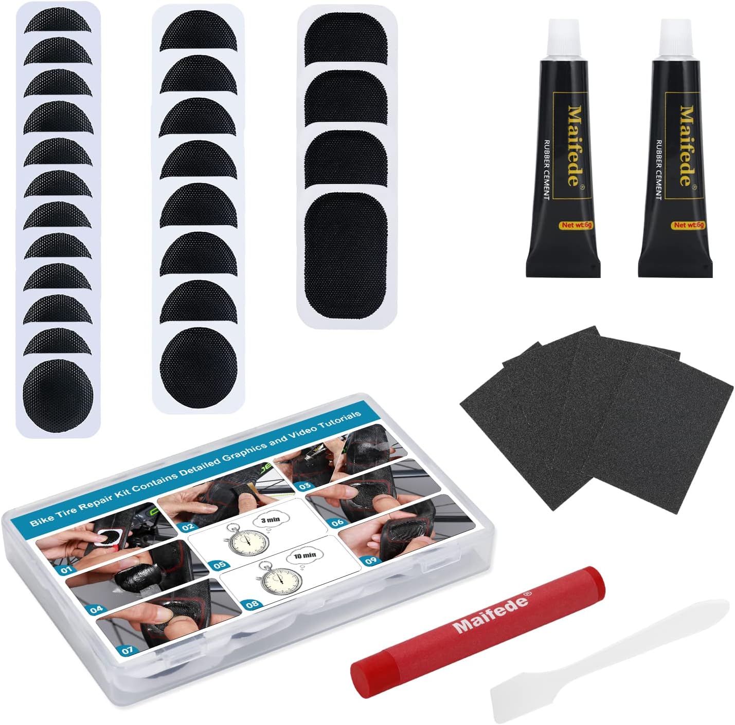 Maifede Bike Inner Tube Patch Kits, Bicycle Tire Repair Kit, with Portable Storage Box, for Cycling, Motorcycle, BMX, ATVs and More Inflatable Rubber.