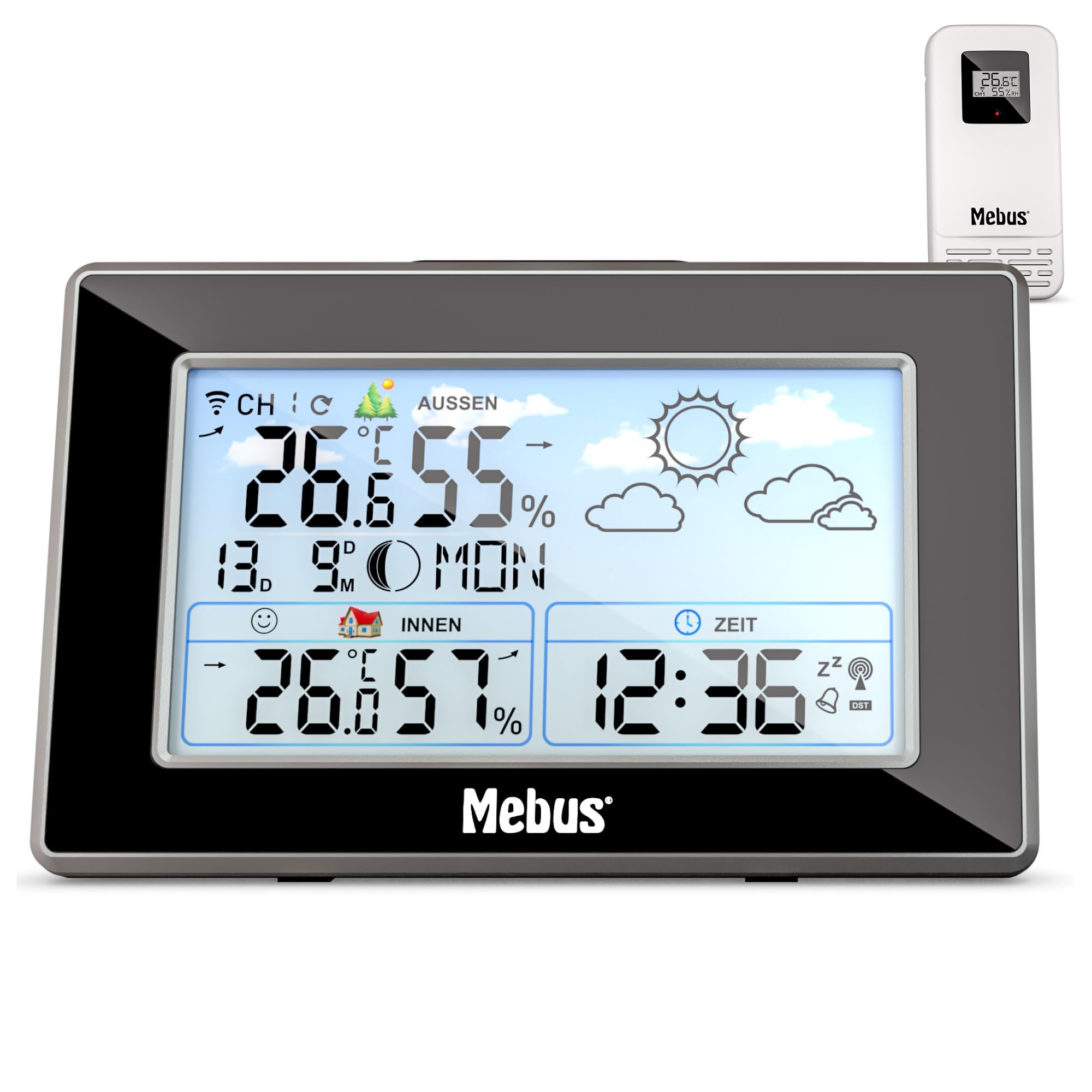 Station Météo Radio-Pilotée Mebus avec Capteur Extérieur et Réveil