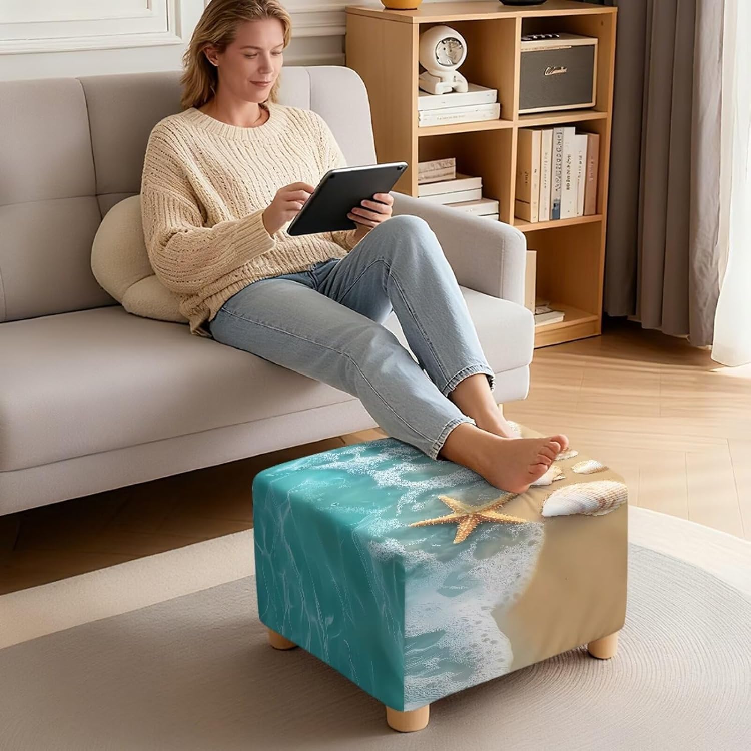 Beach Starfish Seashell Print Ottoman Cover Square - Stretch Square Ottoman Cover -Soft Footstool Protector Covers - Foot Stool Covers Rectangular with Elastic Bottom, L