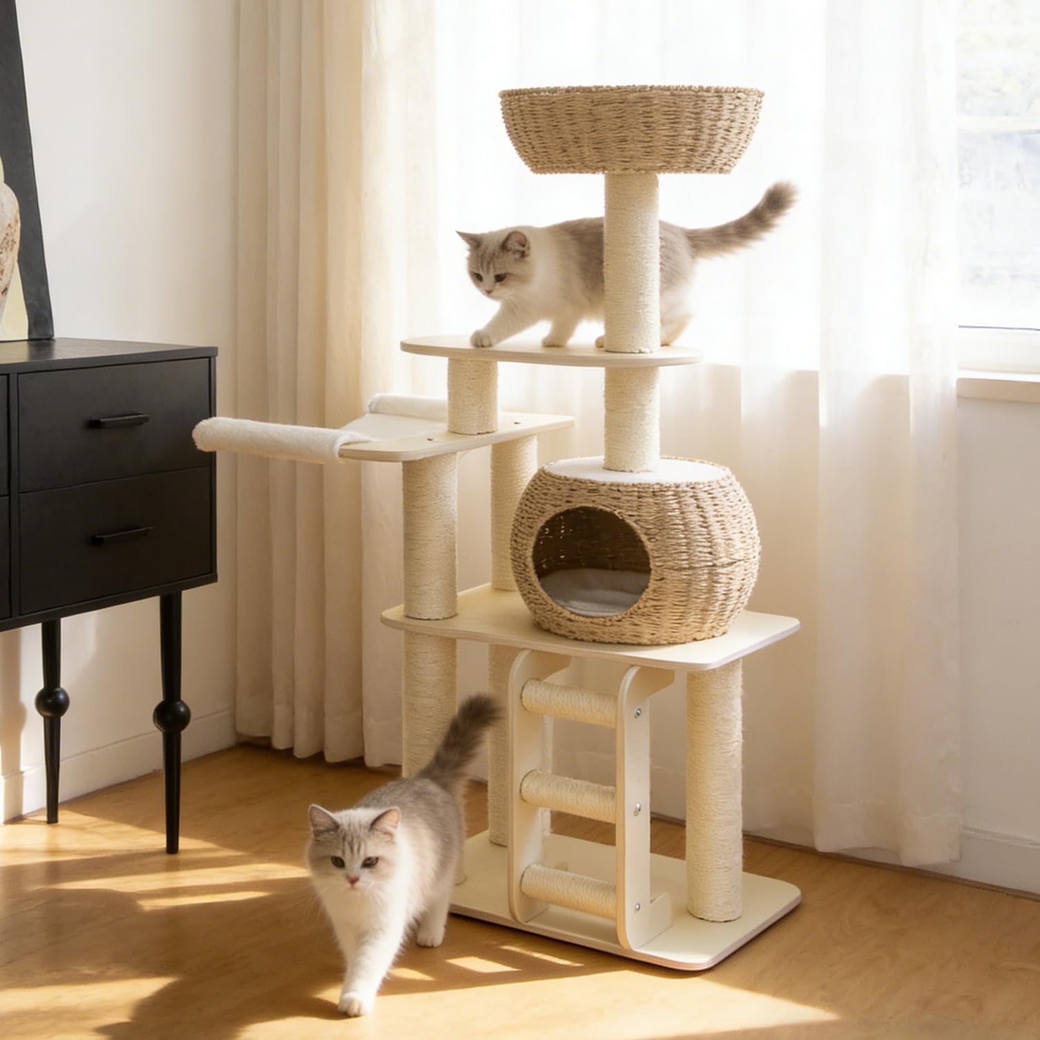 54 Inch Cat Tree for Indoor Cats, Tall Wooden Cat Tower with Scratching Posts, Rattan Condo and Perch, Multi-Level Cat Climber, Stylish Pet Furniture