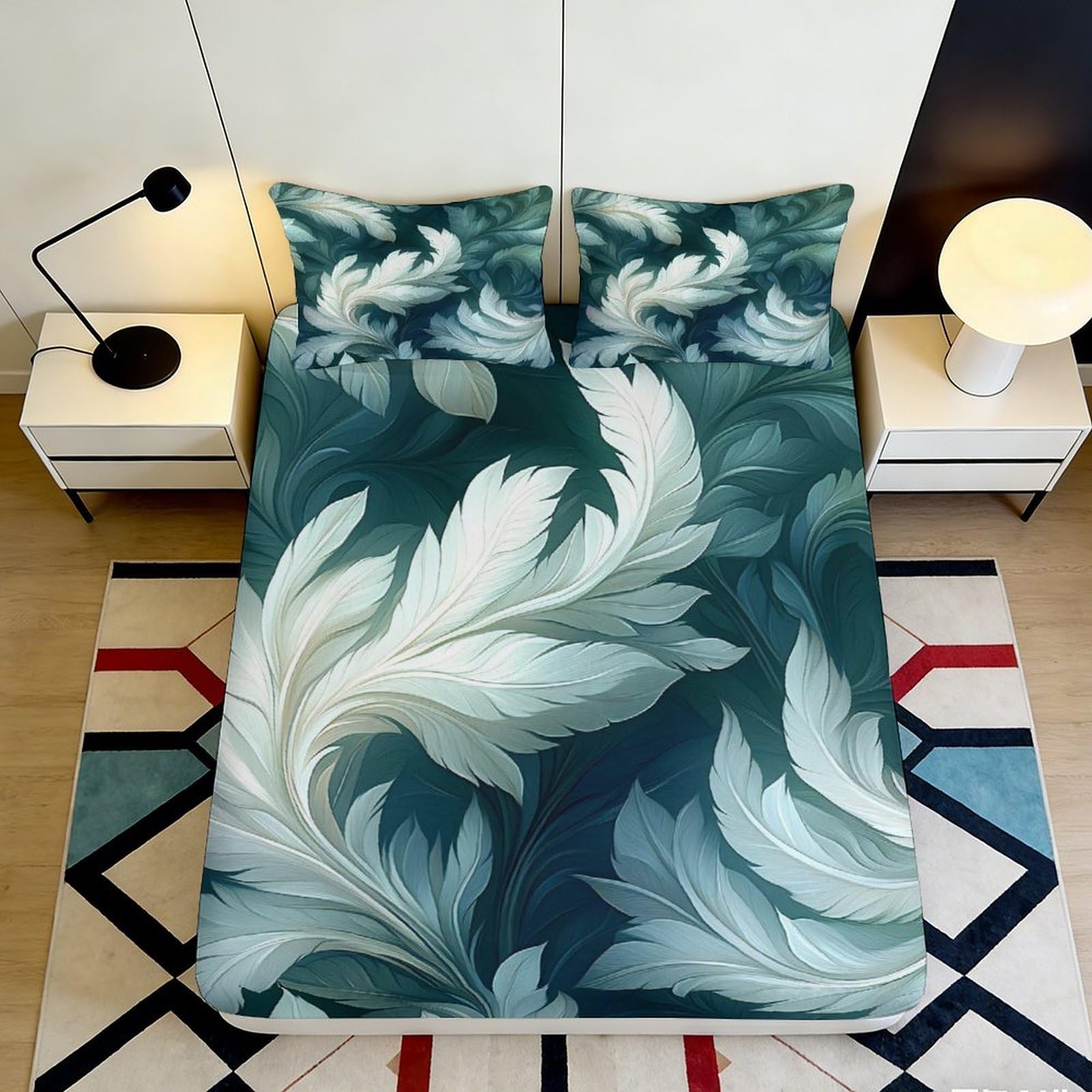 3D Printed Leaf Art Fitted Sheet Microfiber Soft Decorative Botanical Pattern Bed Sheet for Bedroom Guest Room 90x200x25cm