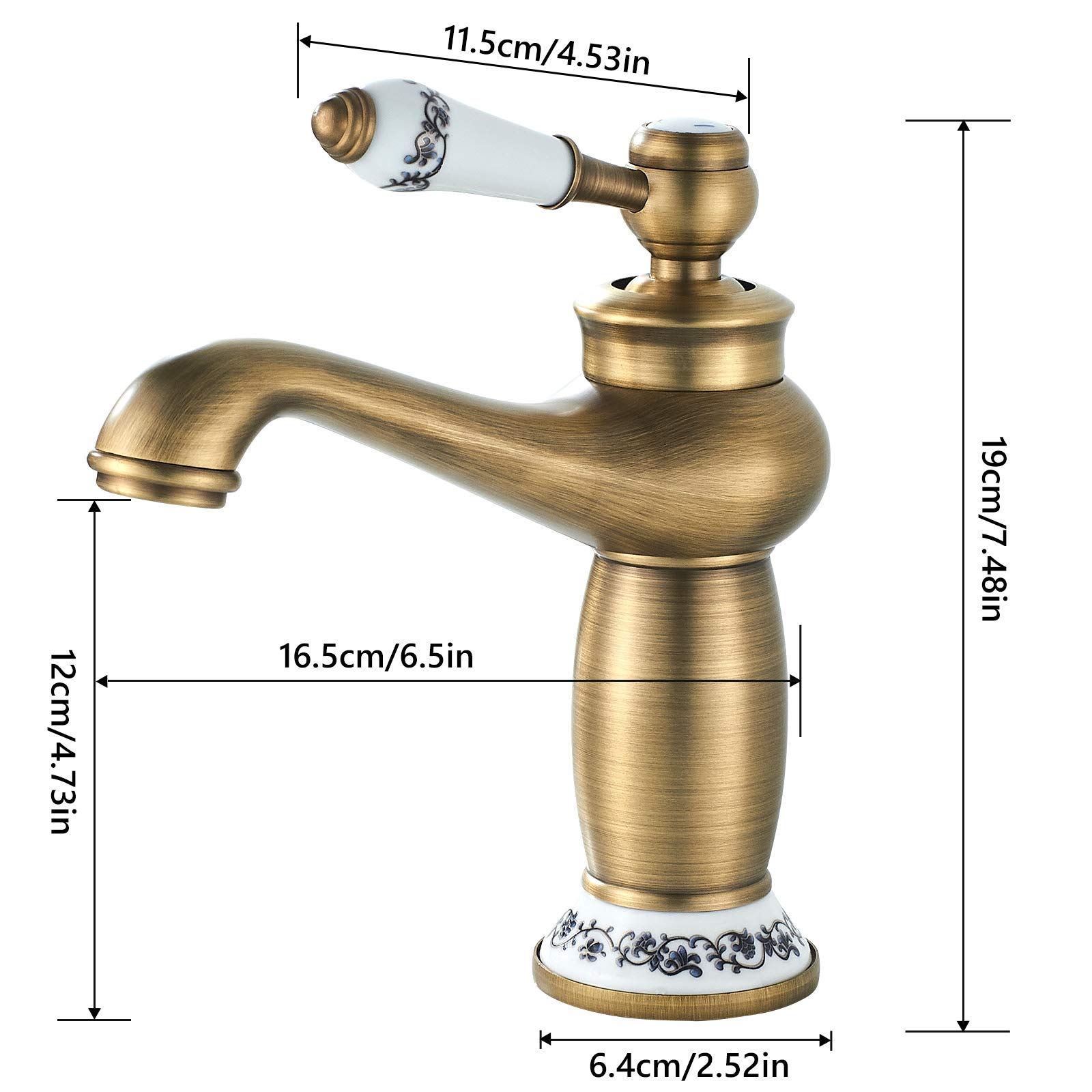 Namuoto Robinet de salle de bains Vintage Monocommande en Céramique Florale Pour Évier Robinet Salle De Bains Lavabo pour Bidet, Laiton Antique