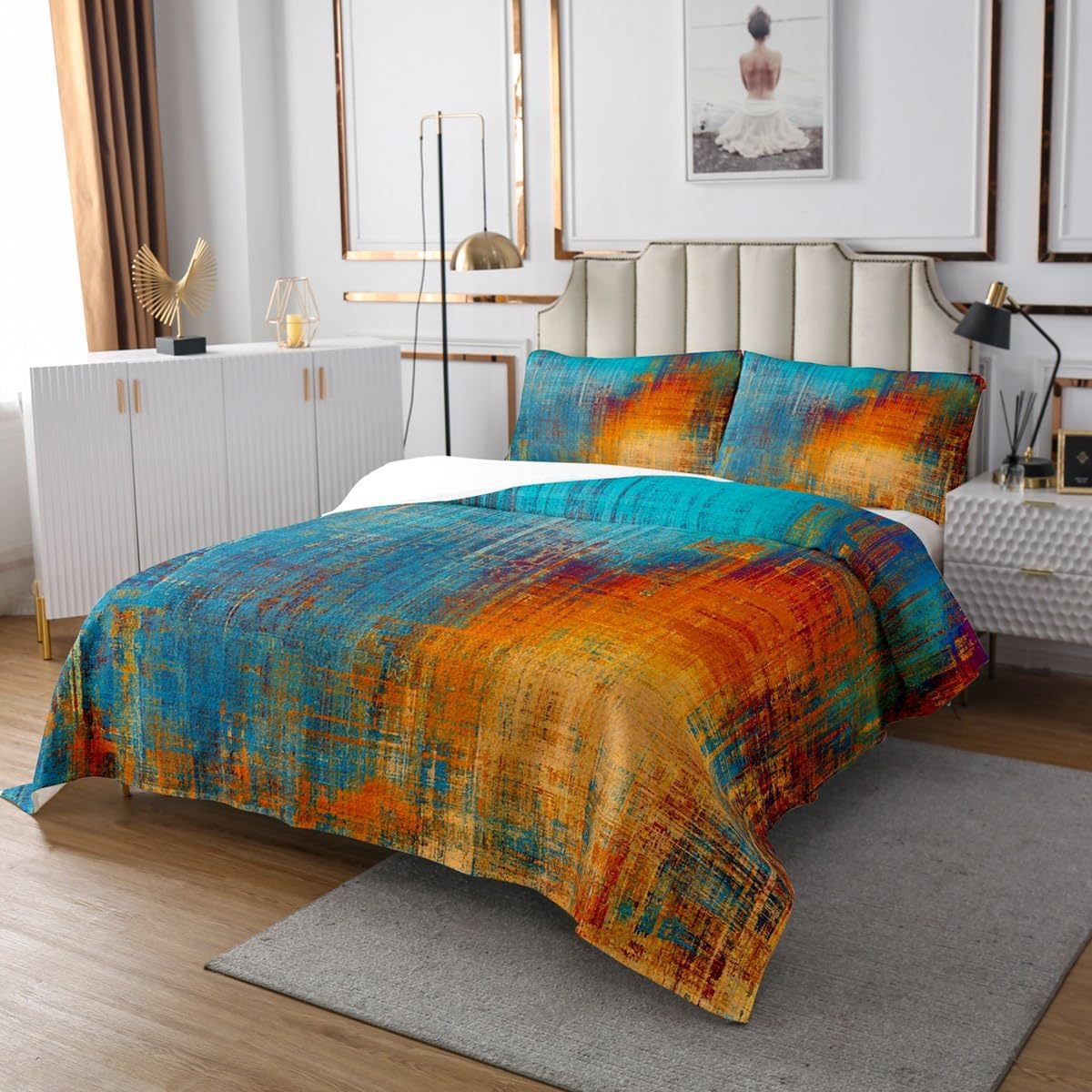 Erosebridal Rainbow Watercolor Twin Quilt Set Teal Gradient Coverlet Set for Kids Boys Girls, Ombre Tie Dye Bedding Set Abstract Grunge Bedspread Set, Fluid Ink Patchwork Bed Quilt with 1 Pillowcase