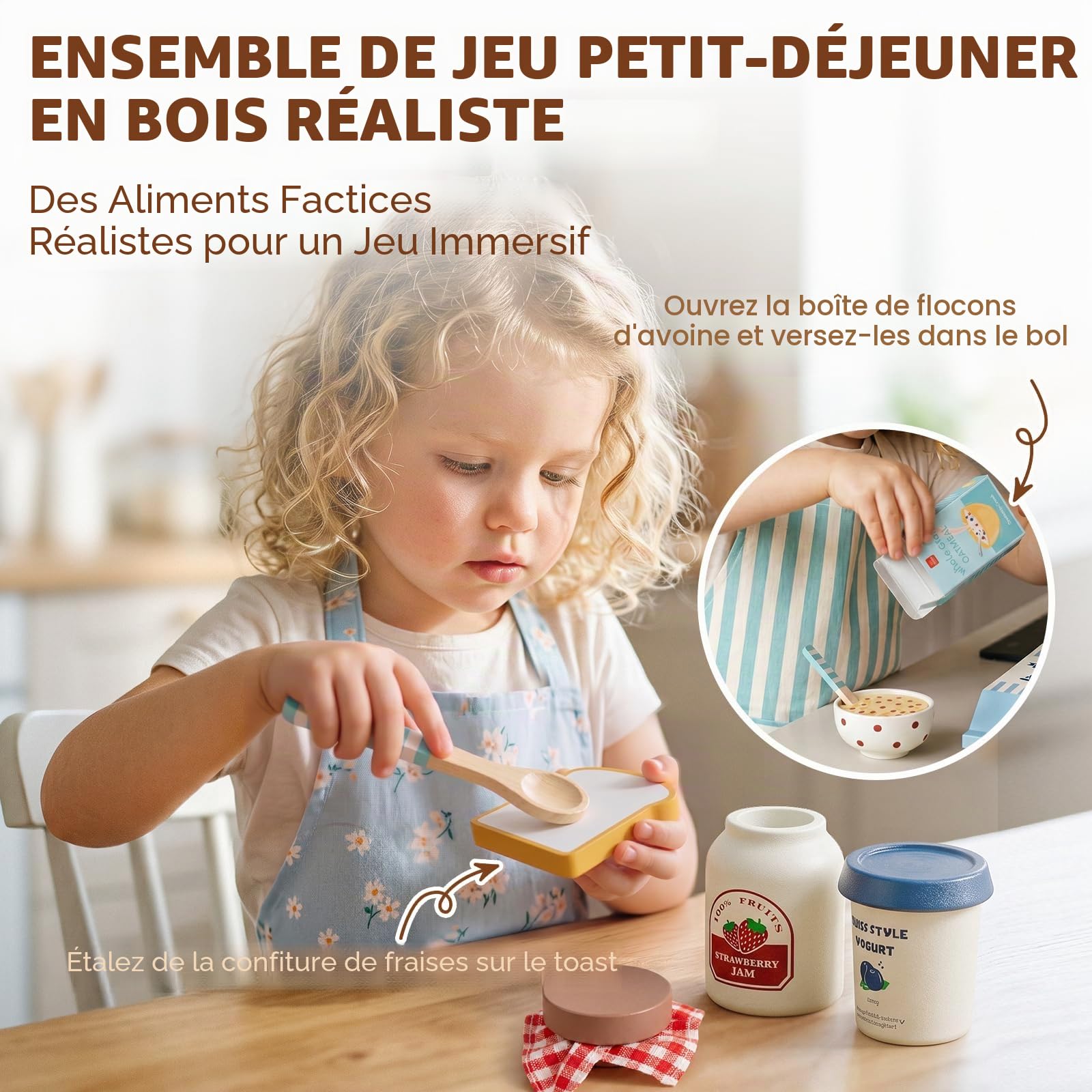 Lehoo Castle Cuisine en Bois Enfant, Jeu d'imitation Jeux Fruits a Decouper, Dinette avec Sac de Rangement, Jouets en Bois Cadeau Enfant Fille Garcon 2 3 4 5 6 Ans (Petit déjeuner)