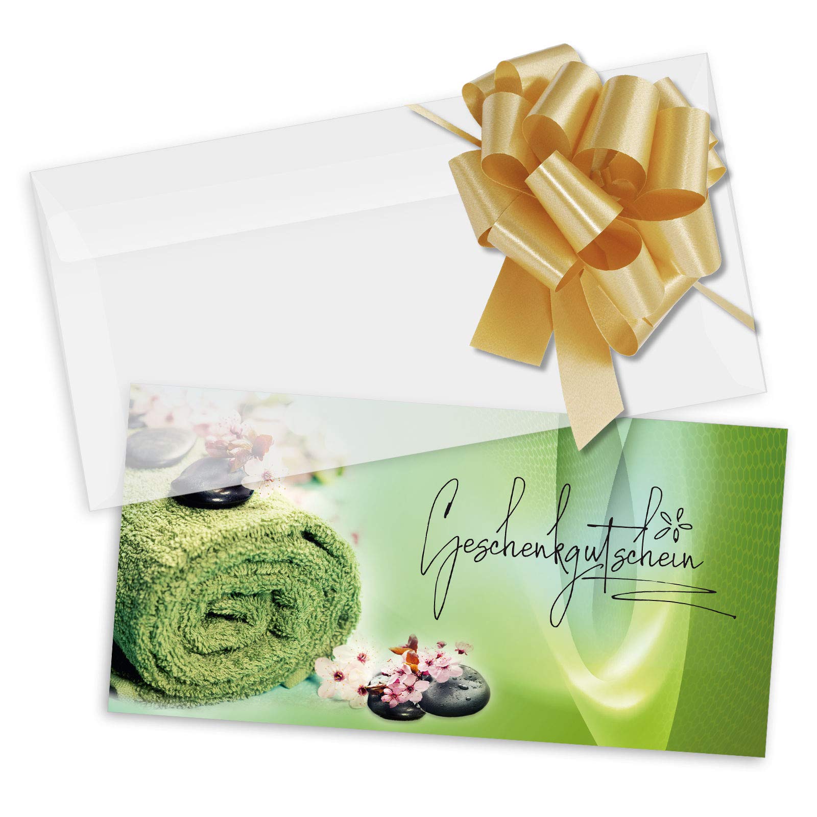 GESCHENKGUTSCHEINcom Gutschein-Set - 50 Gutscheine mit Umschlag & Schleife für Kosmetiksalon Wellness Massageinstitute, blanko zum selber Ausfüllen