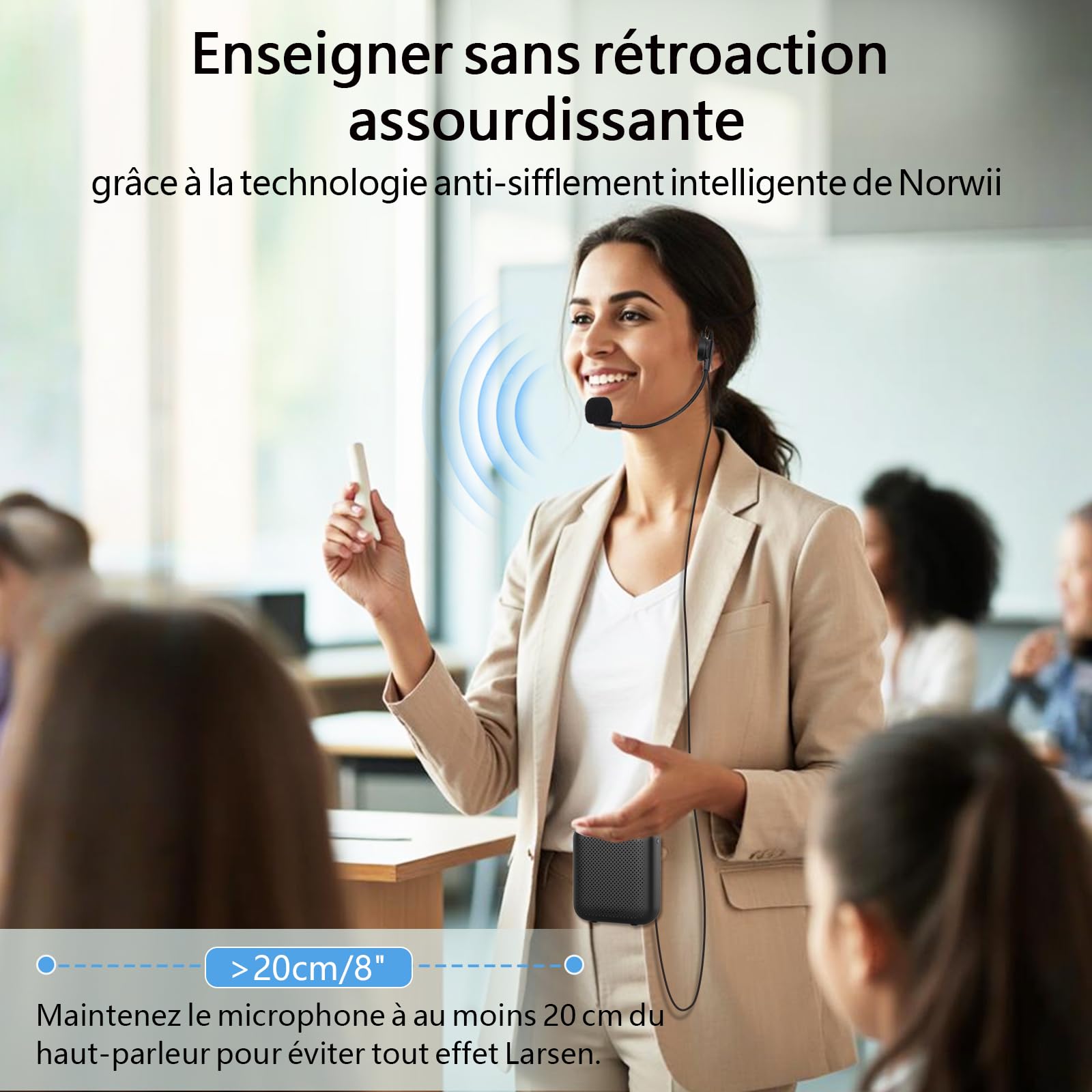 Norwii Amplificateur Vocal, Amplificateurs de Puissance, Casque Micro Filaire Portable pour Enseignants, Cours en Classe et en Plein Air, Enseignement, Guides Touristiques, Charge USB-C