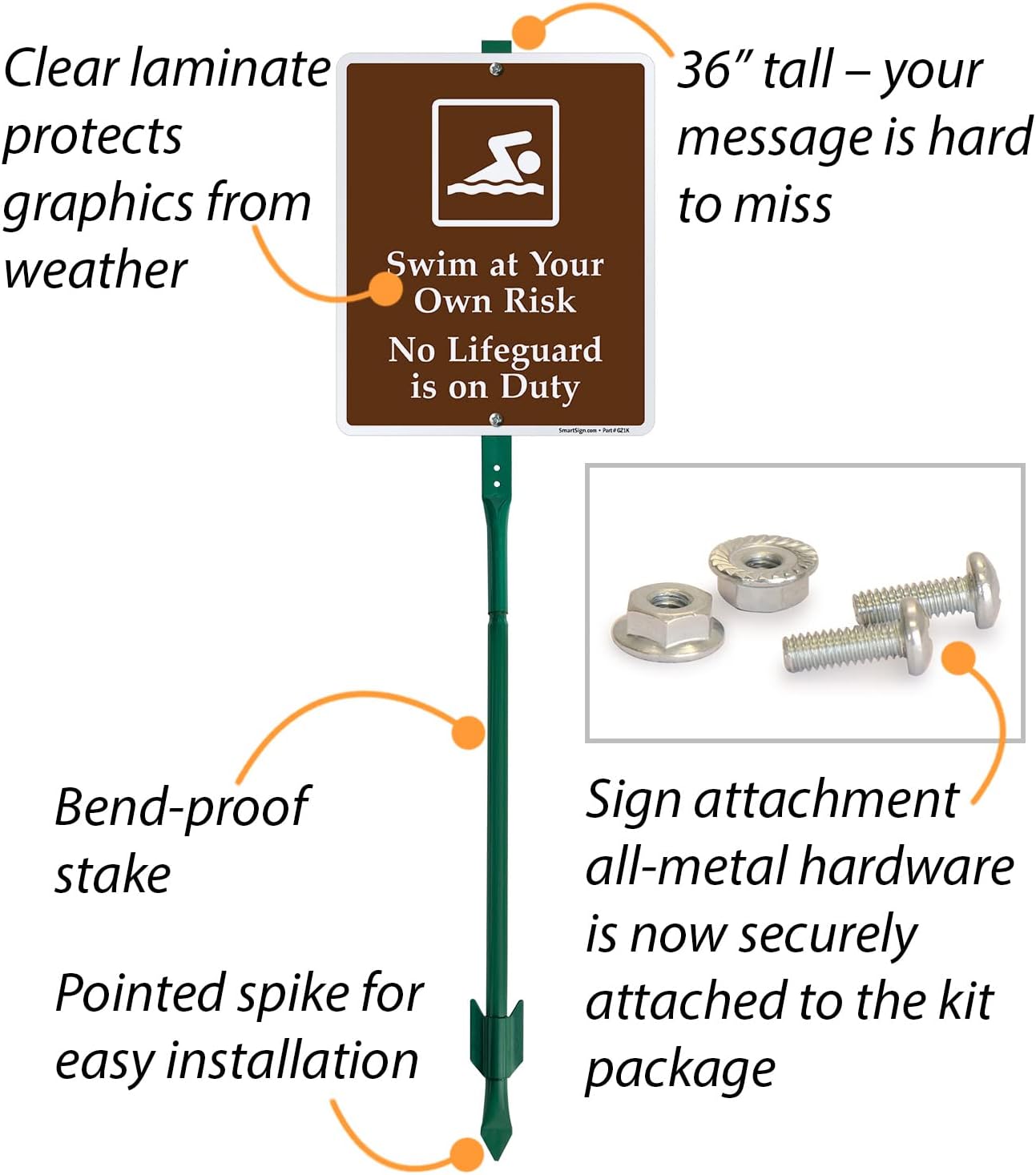 SmartSign 12 x 10 inch “Swim At Your Own Risk - No Lifeguard Is On Duty” LawnBoss Yard Sign with 3 foot Stake, 40 mil Laminated Rustproof Aluminum, White and Brown, Set of 1, Made in USA