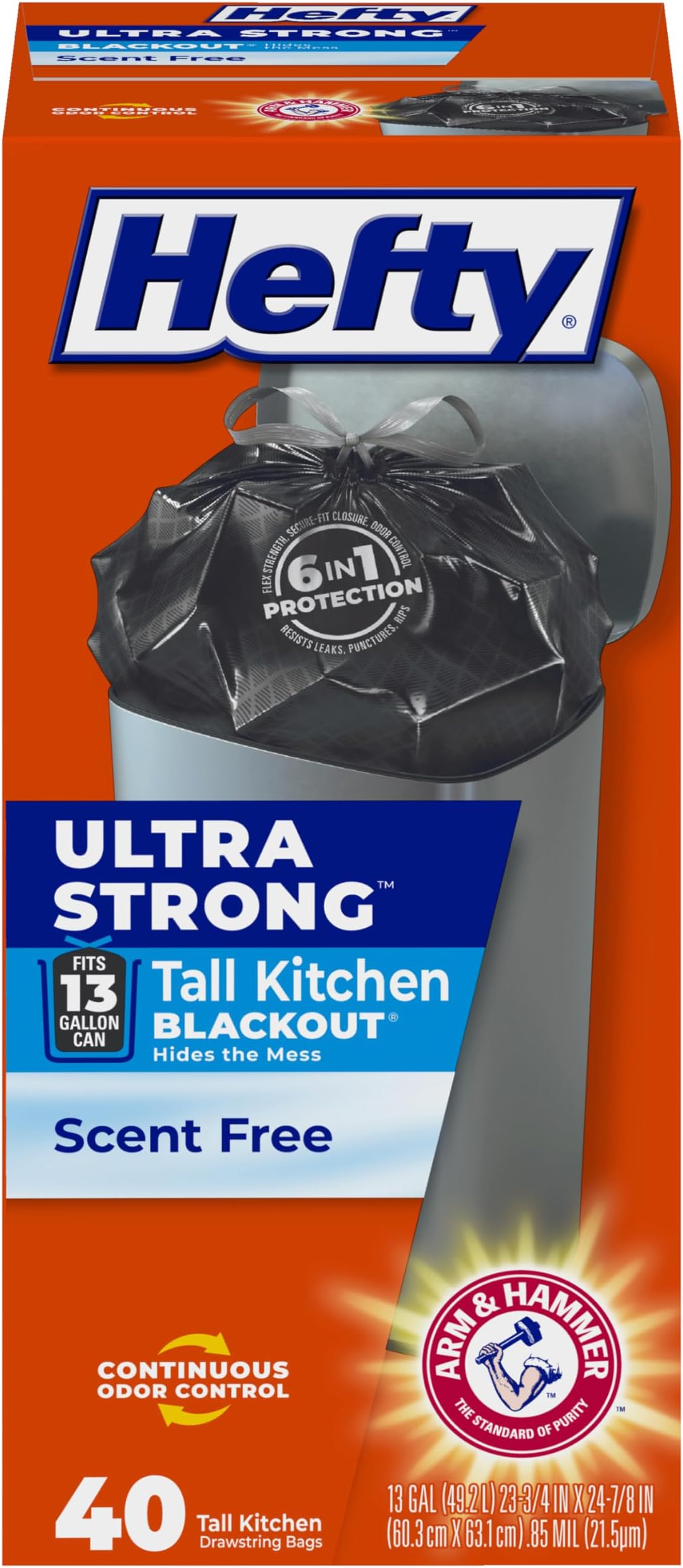 Hefty Ultra Strong 13 Gallon Trash Bags, Black Tall Kitchen Trash Bags 13 Gallon Size, Break Resistant Drawstring Enclosure, Continuous Odor Control, Blackout, Unscented, 40 Bags
