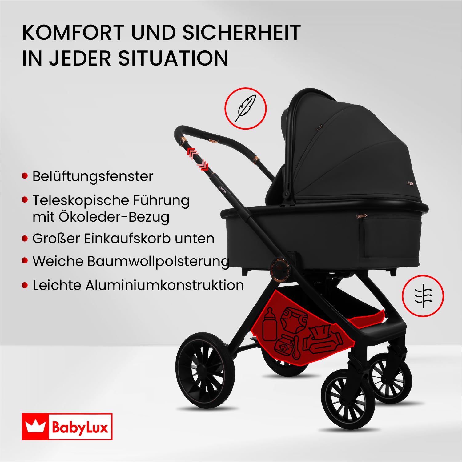BabyLux® Kinderwagen 4in1 Set CASTOR, Faltbar Leicht Kombikinderwagen Set | incl. Babywanne, Reisebuggy, Kindersitz i-Size, Auto Basisstation, 4 Liegepositionen, 0-22kg, UV Schutz 50+, Vollgummireifen