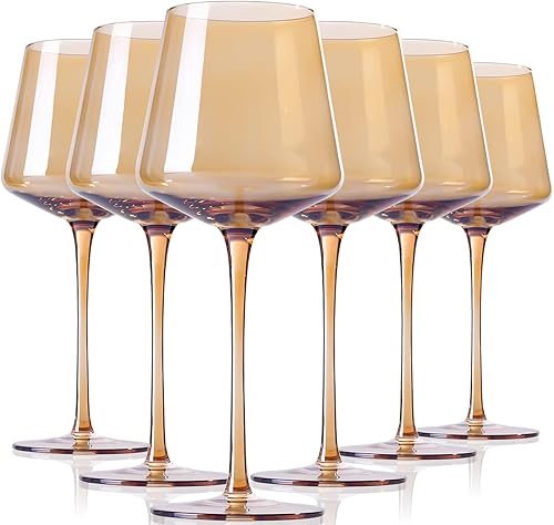 Physkoa Juego de 6 copas de vino de colores, modernas copas de vino coloridas con tallo largo alto y parte inferior plana, copas de vino de color