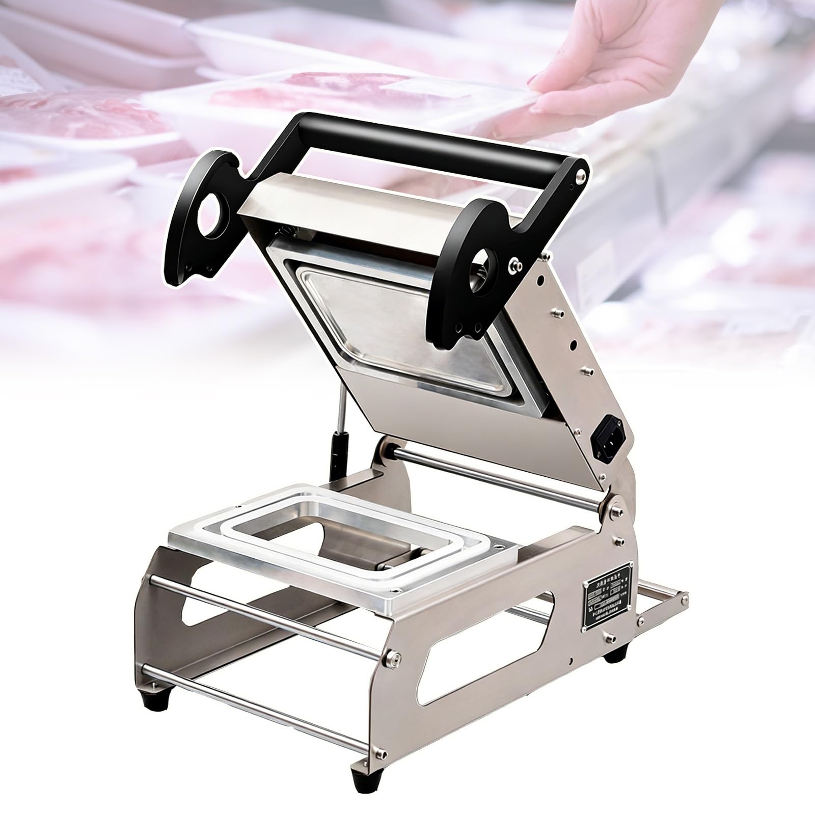 Scelleuse manuelle de barquettes en acier inoxydable, fonctionnement silencieux, température ajustable facilement, pour emballage rapide et efficace de repas et aliments frais(14 * 14cm)