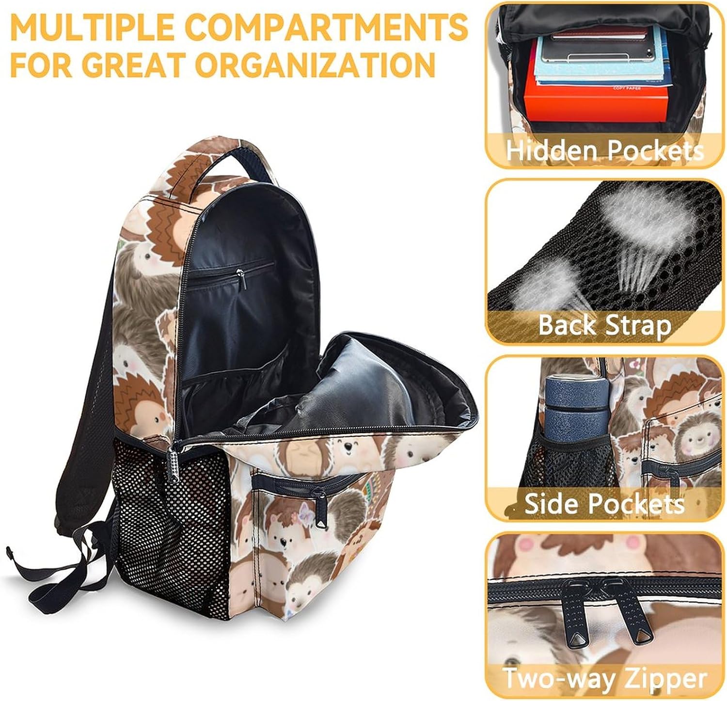 UNIKITTY Hedgehog Backpack for Girls Boys, 16 Inch Brown Backpacks with Adjustable Straps, Cute, Large Capacity Bookbag for Kids School
