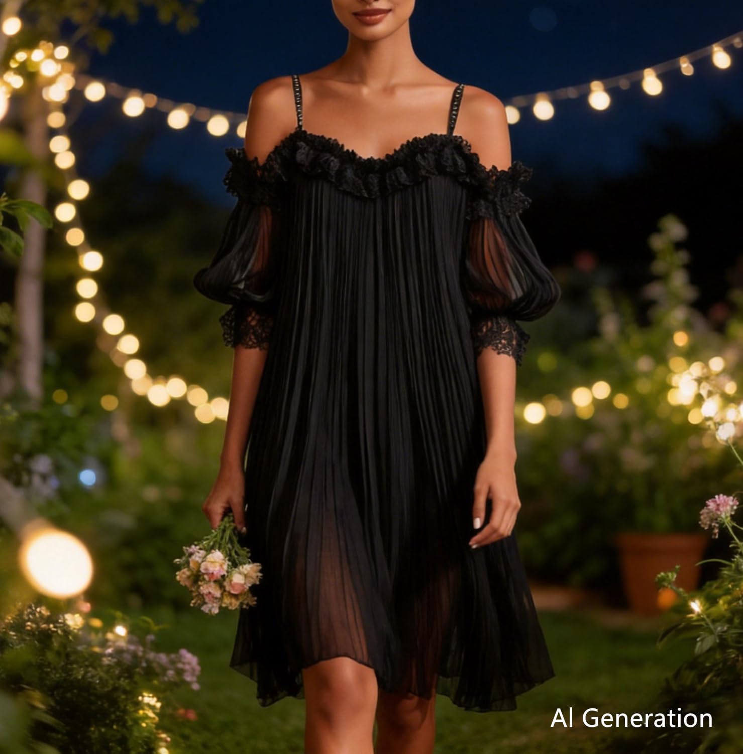 Minivestido negro de gasa con hombros descubiertos y ribete de encaje | Vestido de fiesta transparente con tirantes finos