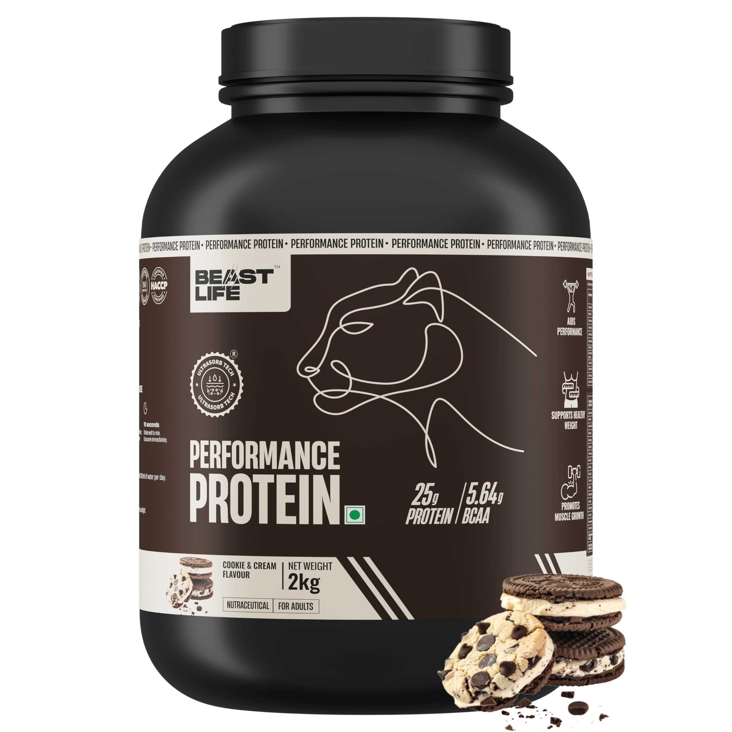 BeastLife Performance Yeast Protein Powder | 25g Protein | Cookie & Cream|NABL Lab Certified | High Absorption for Muscle Growth |Smooth & Light, Easy to Digest with Ultrasorb Tech|5.64g BCAA | Best For Gut | Beta Glucan | Improves Immune Function | 2 Kg