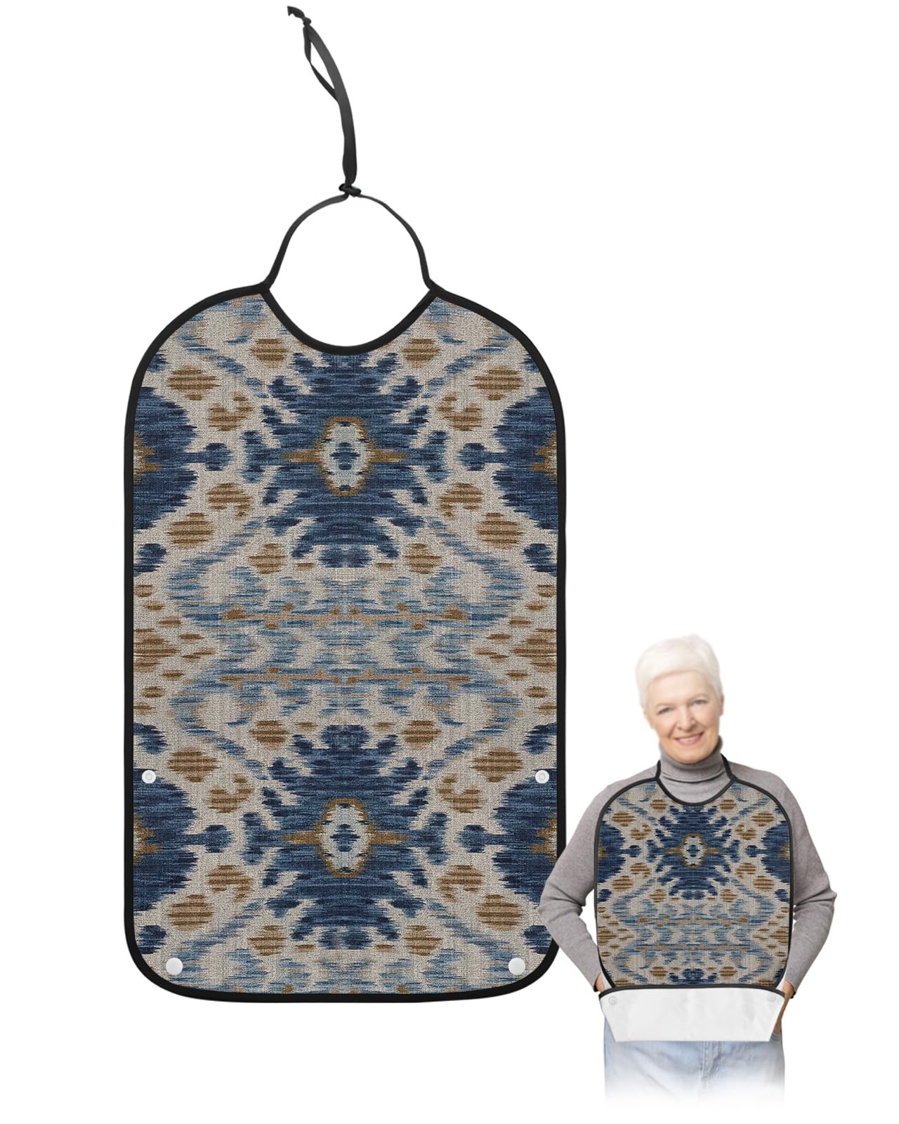 LEOKOTI Boho Blue Brown Adult Bibs for Eating, Waterproof Bibs with Food Catcher & Adjustable Snap Closure, Ethnic Modern Geometric Abstract Art Washable Clothing Protectors Adult Bibs for Elderly