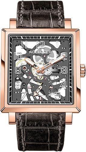 AGELOCER Reloj de vestir analógico luminoso de acero inoxidable con esqueleto negro hueco cuadrado de doble cara para hombre