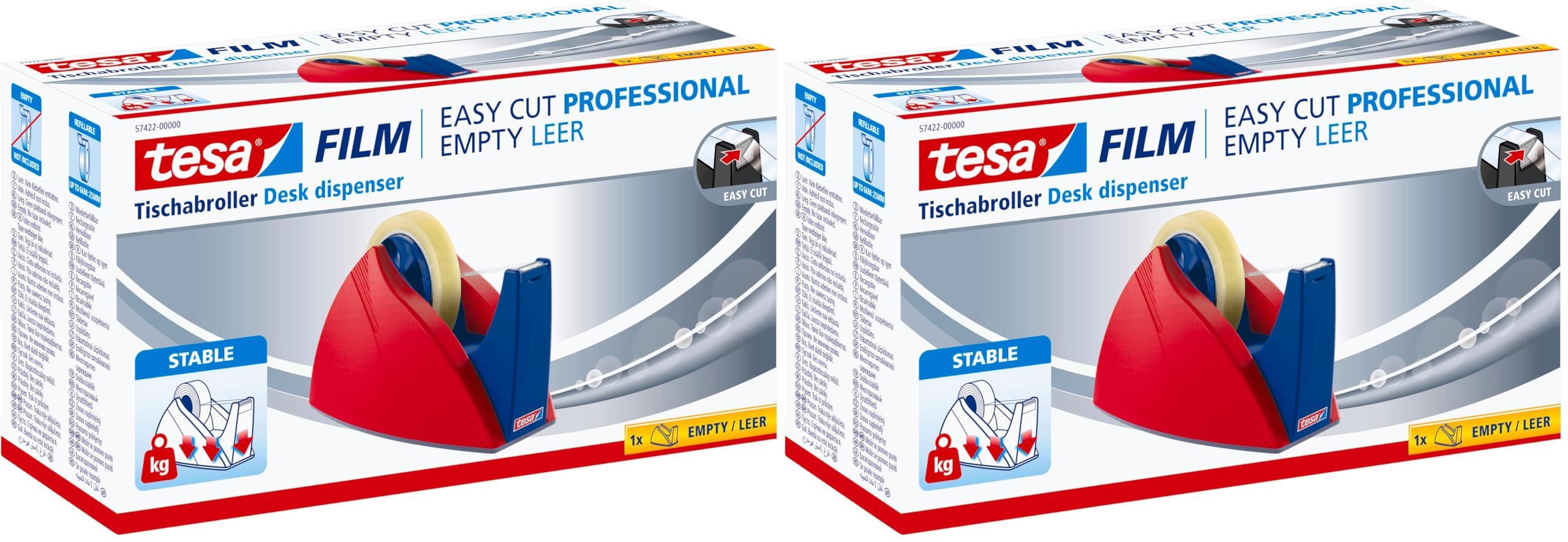 tesa Easy Cut Professional - Standfester Tischabroller für tesafilm - zur Verarbeitung von großen Klebefilmrollen - Rot/Blau (Packung mit 2)