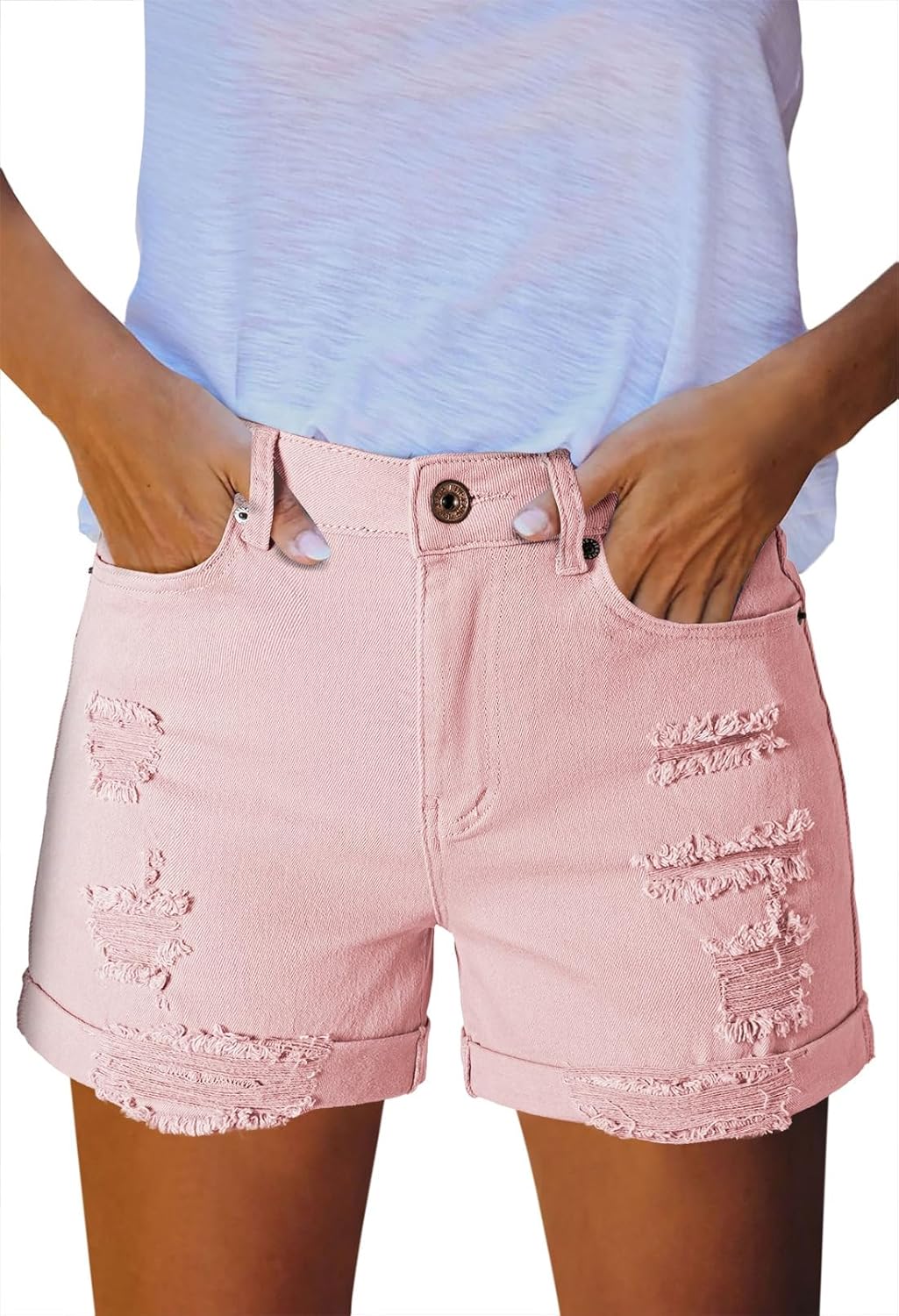 Pink Queen Women's High Waisted Denim Shorts Casual Ripped Summer Hot Short Jeans Frayed Distressed Jeans Shorts with Pockets - Image 2