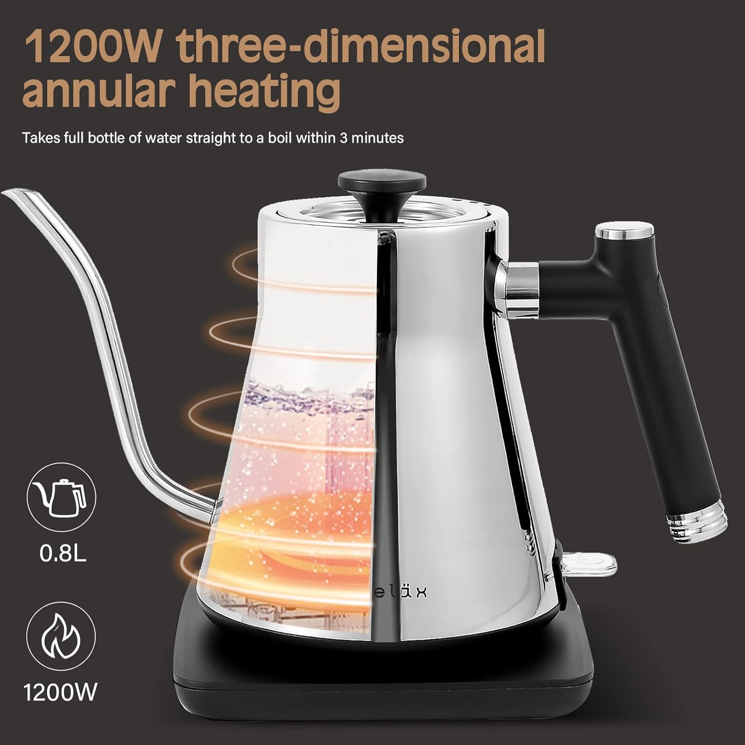 EcoRelax Gooseneck Electric Kettle, Pour Over Coffee and Tea Kettle, 100% Stainless Steel Interior, 1200w Automatic shut off Hot Water Boiler with British Strix Boli Dry Protection, 0.8L (Polished): Home & Kitchen