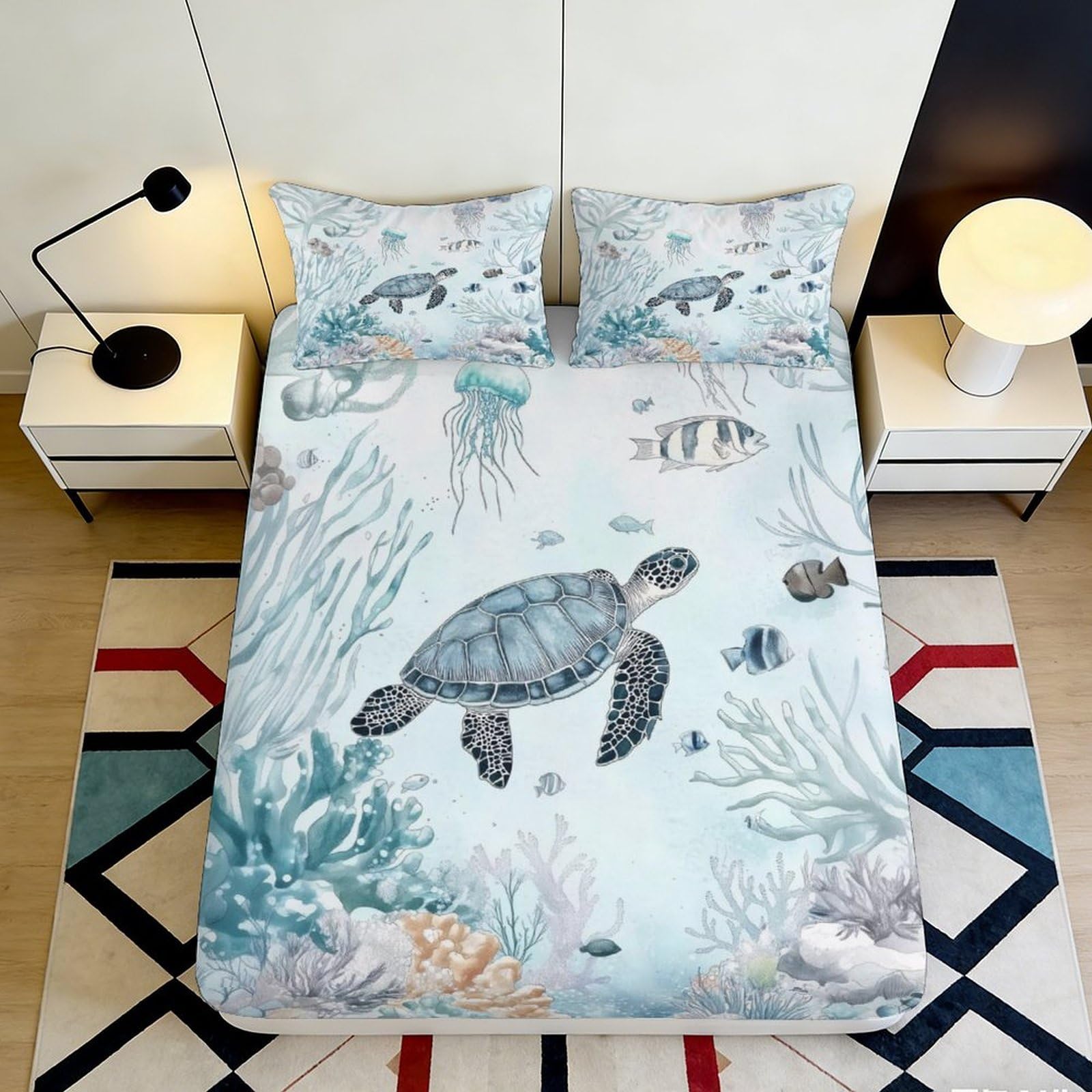 3D Printed Ocean Turtle Pattern Fitted Sheet Microfiber Elastic Hem Washable Deep Pocket for Bedding Ocean Mattress Fitted Cover 90x200x25cm