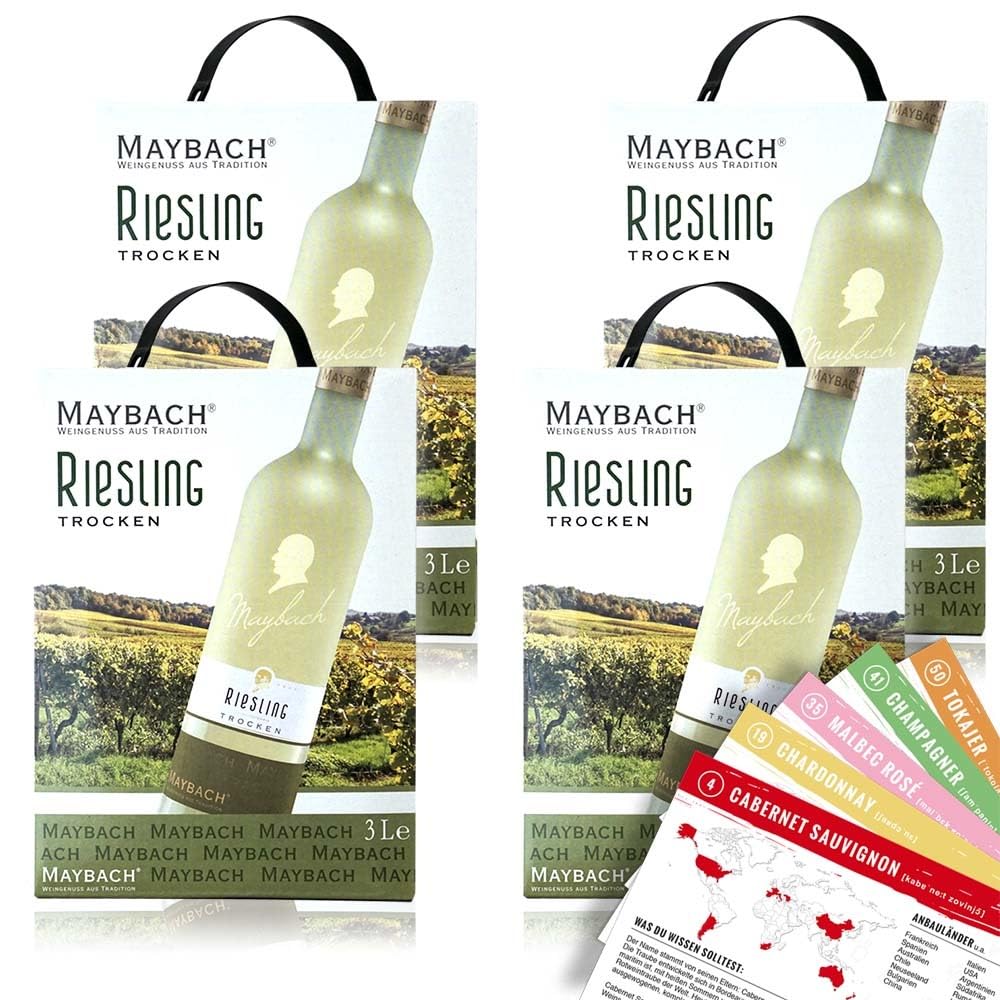 Maybach Riesling QbA, trocken, Bag-in-Box, sortenreines Weinpaket + VINOX Winecards (4x3,0l)