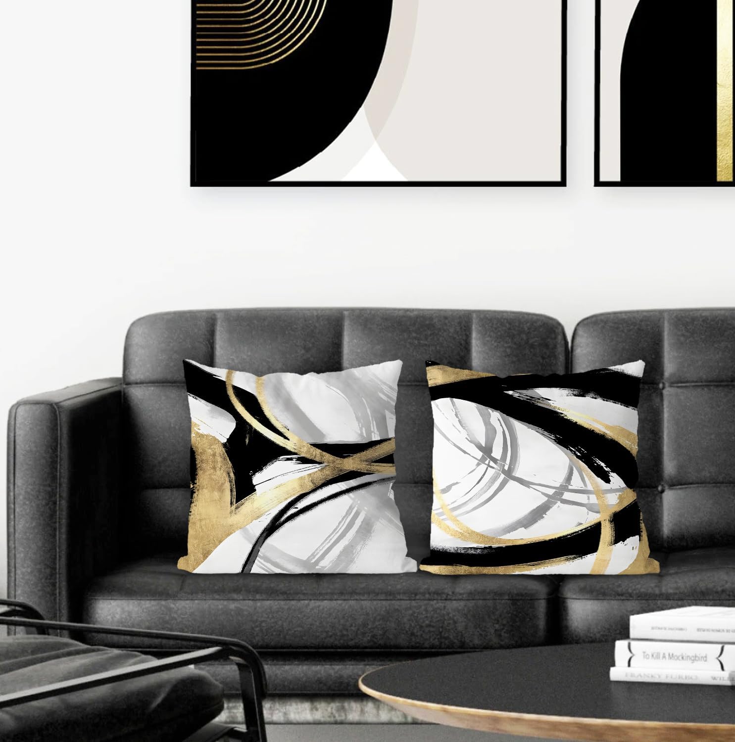 Black White and Gold Pillow Covers, Abstract Black and Gold Pillow Covers 18x18 Set of 2, Modern Boho Home Decor, Black and Gold Decorative Throw Pillows Cover for Couch Living Room Bedroom - Image 2