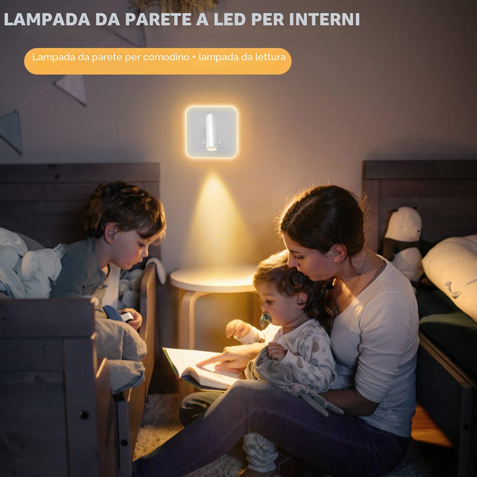 Lampada da parete a LED, lampada da lettura sul comodino, applique regolabile sul comodino, con porta di ricarica USB, applique da parete per corridoio(luce calda 3W + luce calda 9W)(Bianco 2pcs)