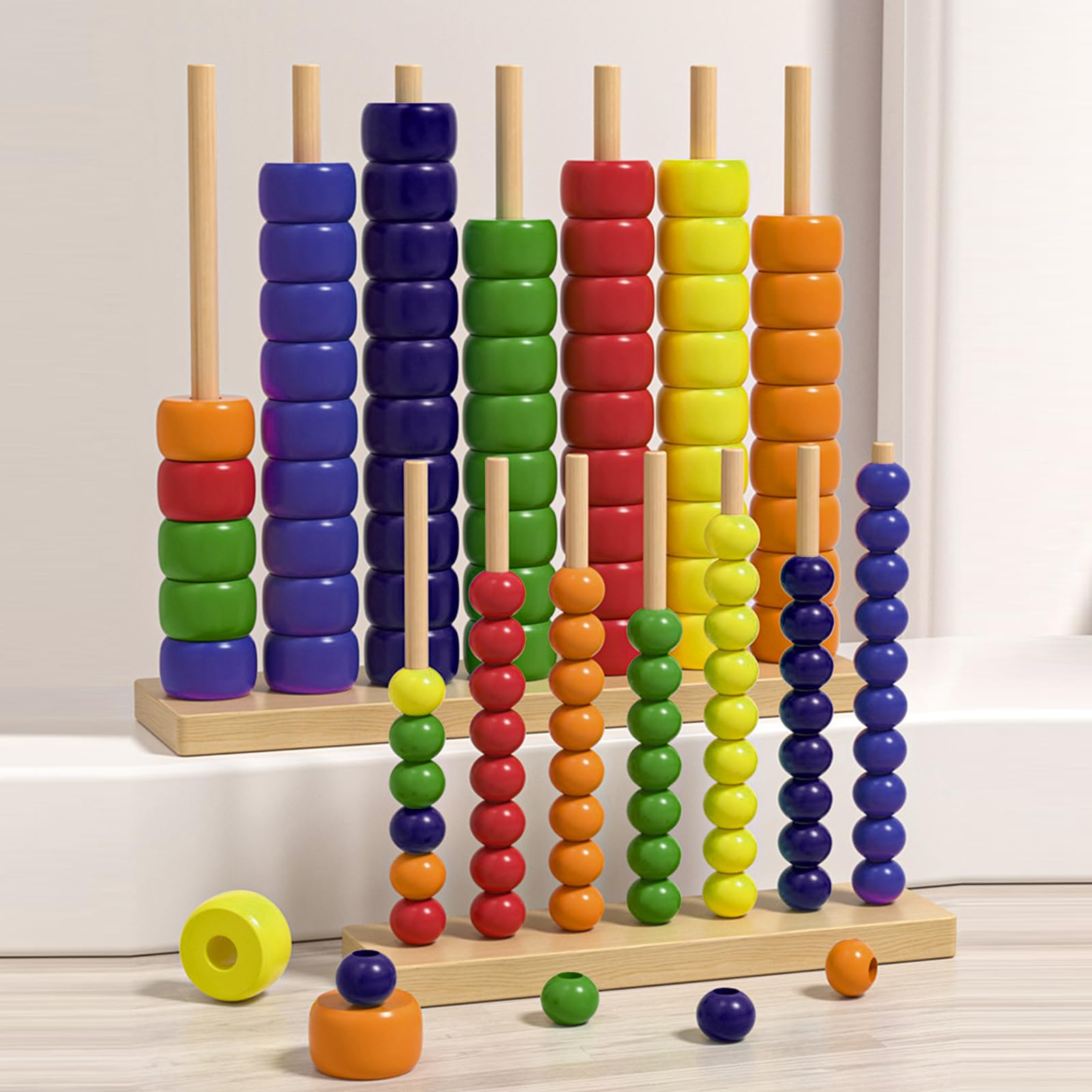 Holz Regenbogen-Ring-Stacking Puzzle Spiel mit Gestellen und Ringen for 2 Spieler Familienspiel Geschicklichkeitsspiel