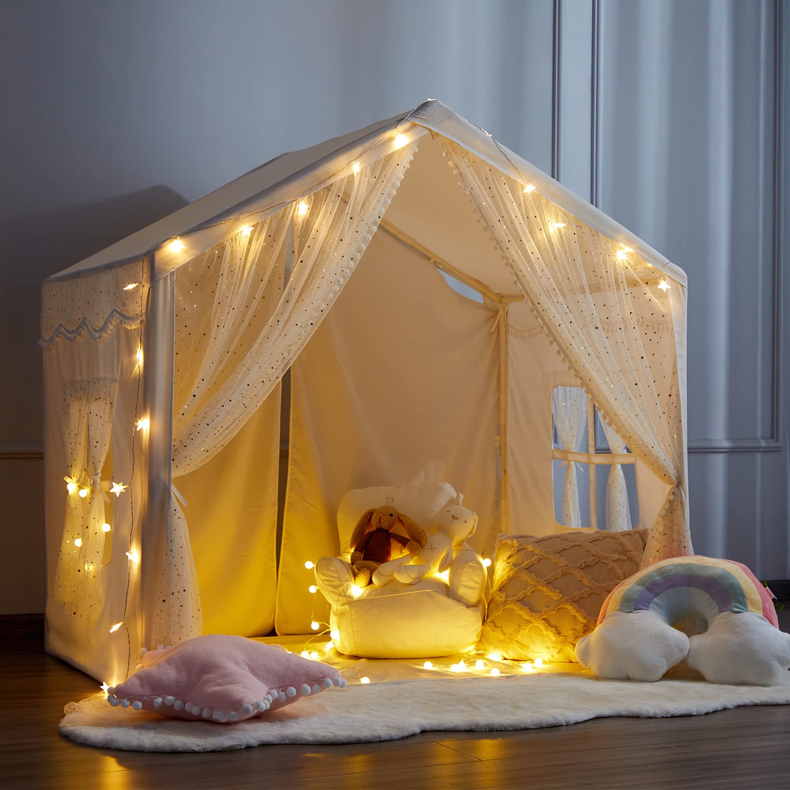 Play Tent for Kids, Kids Playhouse Large Princess Castle with Shiny Door Curtain Children Play House for Girls Boys Indoor Outdoor (Beige)