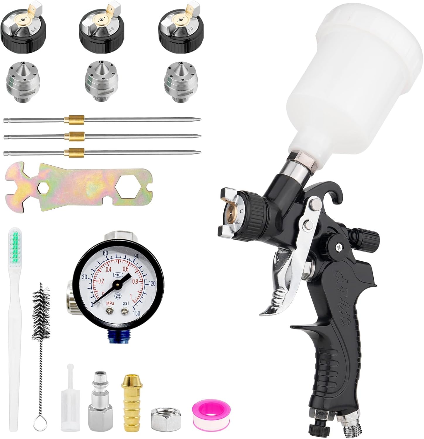 Mini HVLP Spray Gun with 0.5/0.8/1.0 mm Nozzles & 125cc Cup, Automotive Paint Gun Car Paint Sprayer Gun, Air Paints Gun for Auto Paint, Primer, Varnish & Top Coat, Repair Detail (Mini Spray Gun Black)