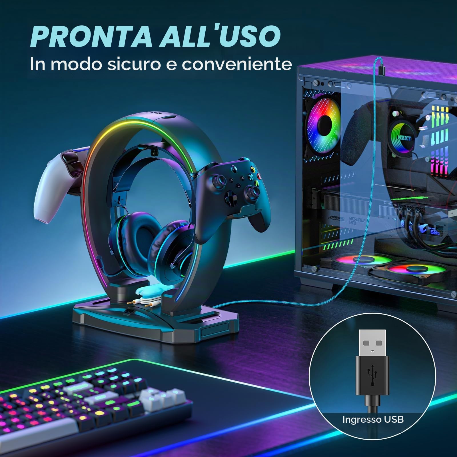 KDD Supporto Cuffie & Controller con 9 Modalità di Illuminazione - Supporto Controller Pieghevole per Scrivania - Porta Cuffie con Organizer per Cavi - Accessori da Scrivania per Giocatori