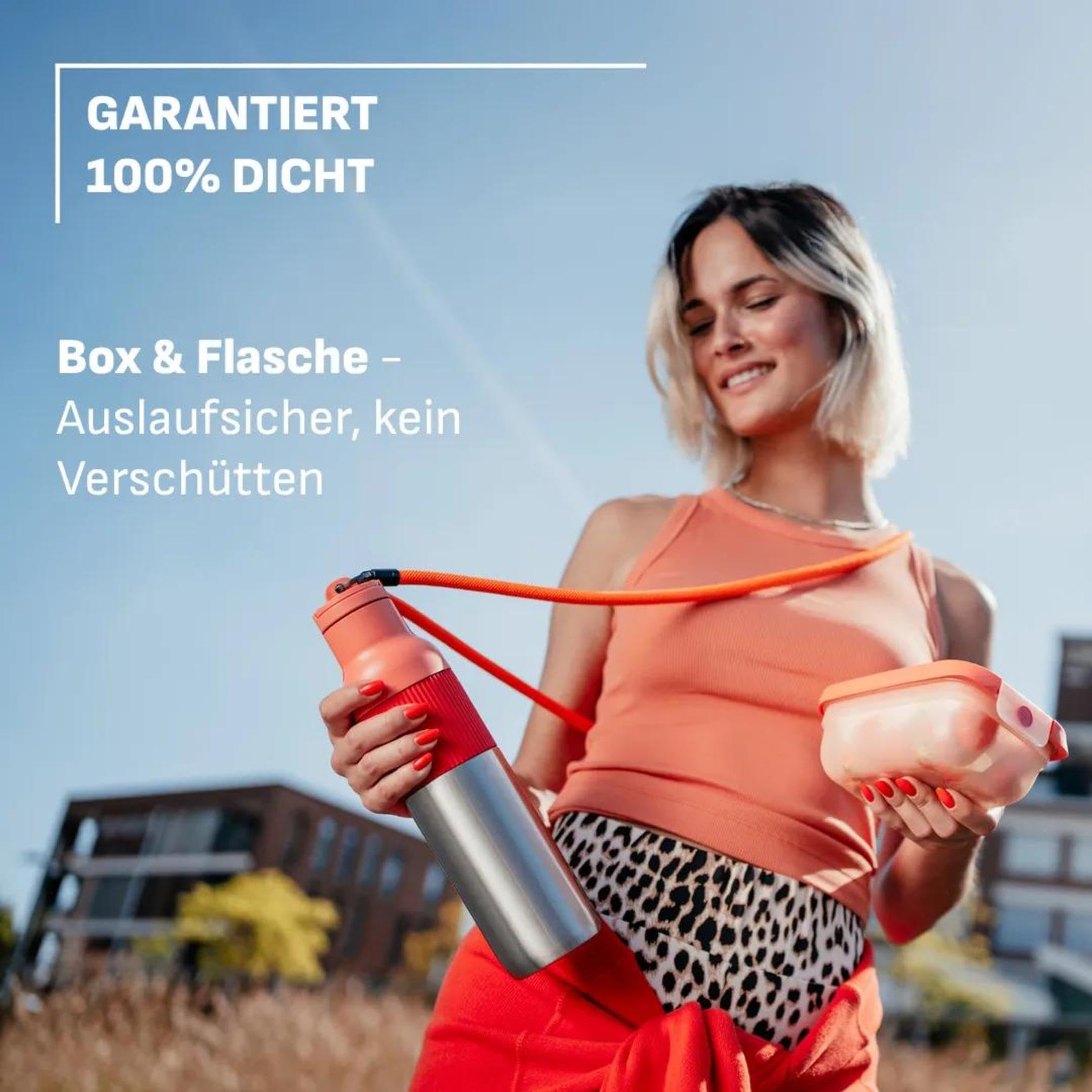 EMSA oneClick beYou, Travel Set, 100% Auslaufsicher, beYou Flip Bottle 0,7 L, Food Storage Container 0,5 L, 1,20 L, Orange, N3121550