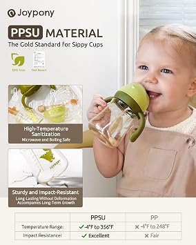 Joypony Sippy Cups for Toddlers 1-3, Spill Proof Weighted Straw Cup with Handle for Baby 6 Months + old, 2 Silicone Straws, PPSU, BPA Free, 9 oz (Green)