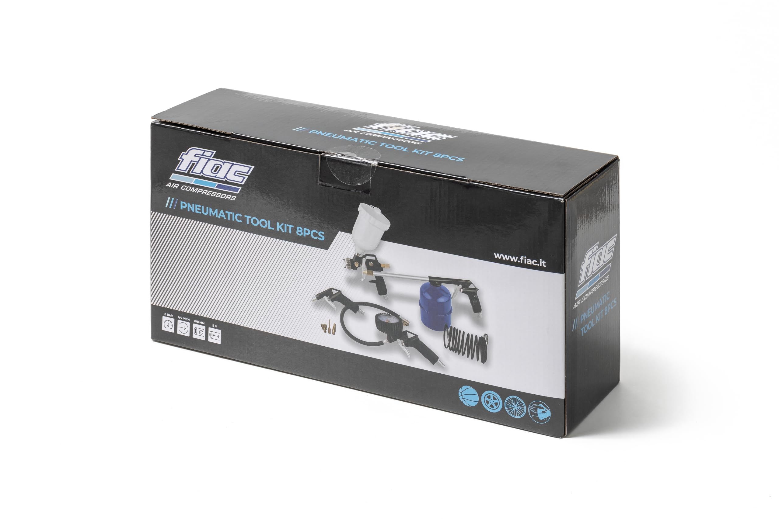 FIAC Kit Accessori per Compressore 8 Pezzi, Inclusi Gonfiagomme con Manometro, Pistola di Soffiaggio, Aerografo, Pistola Lavaggio, Tubo a Spirale 5m, 3 Punte di Gonfiaggio, Max. 8 Bar, Nero