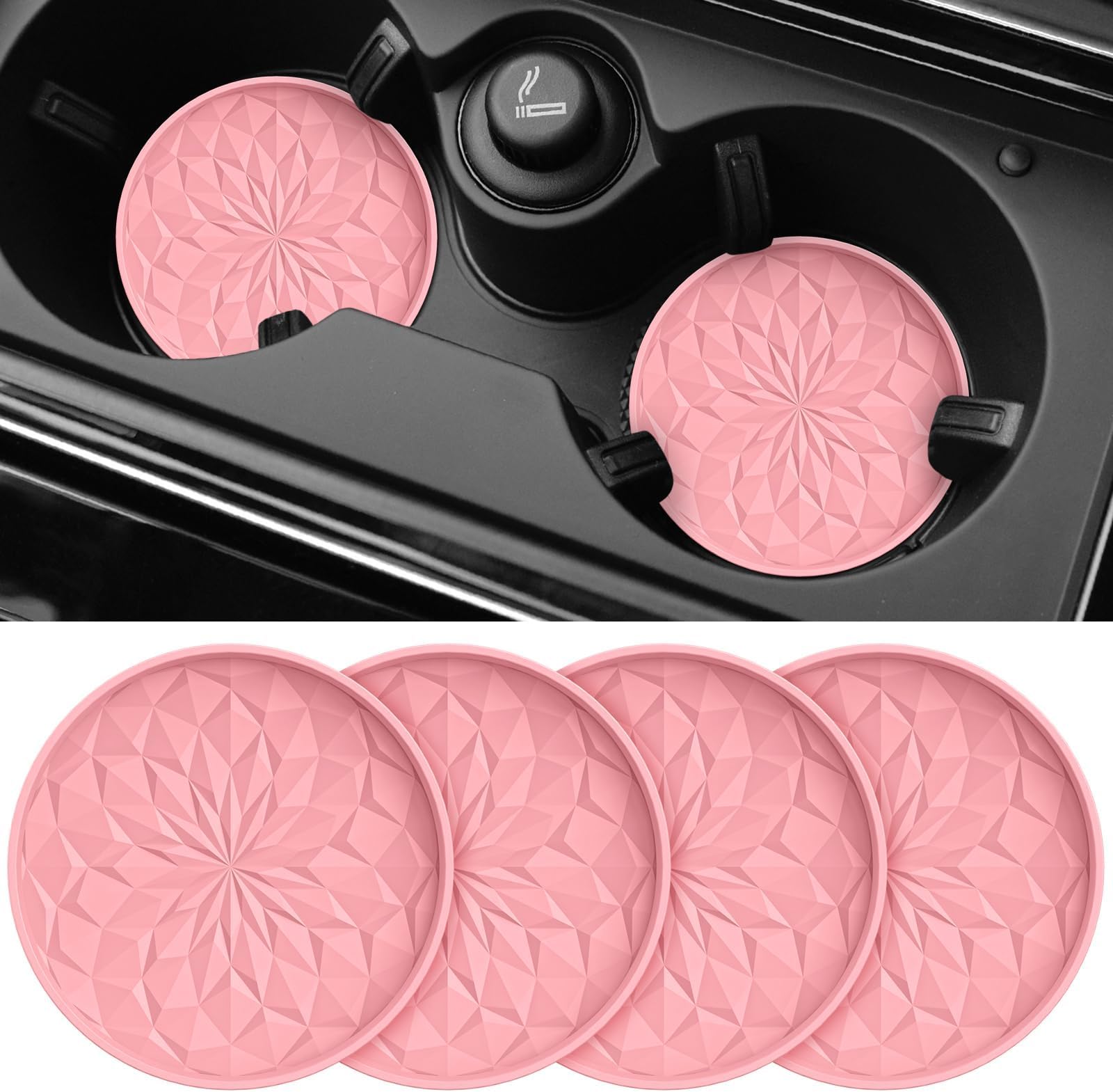 4 Pcs Car Coasters for Cup Holders for Buick Envista 2024, Non-Slip Cup Holders Embedded in Ornaments Coaster Silicone Auto Mug Mats,Pink