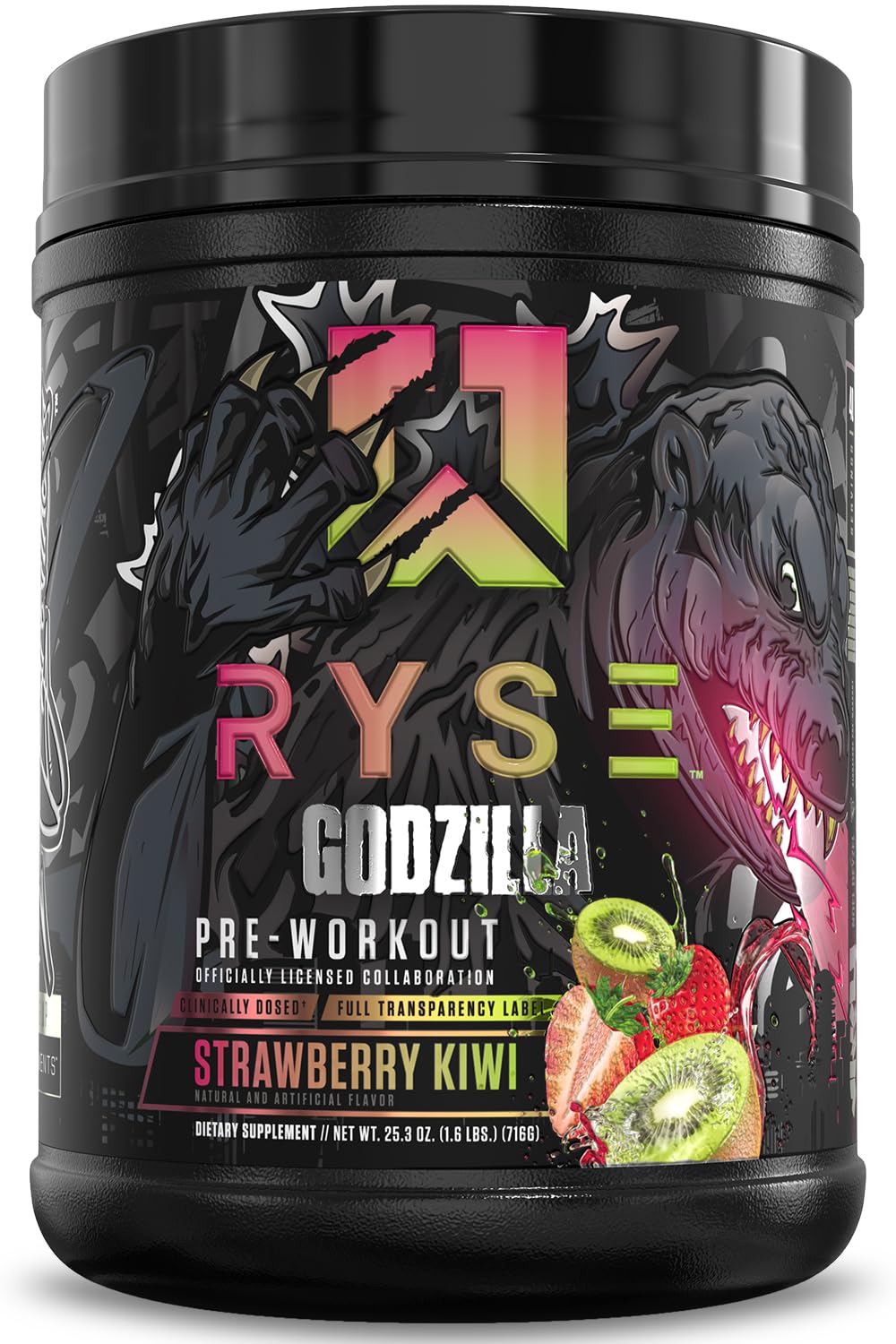 ryse godzilla x noel deyzel pre workout powder - strawberry kiwi - 400mg caffeine high stim pre-workout for men amp women with citrulline amp beta alanine - energy pump amp focus - 2040 servings