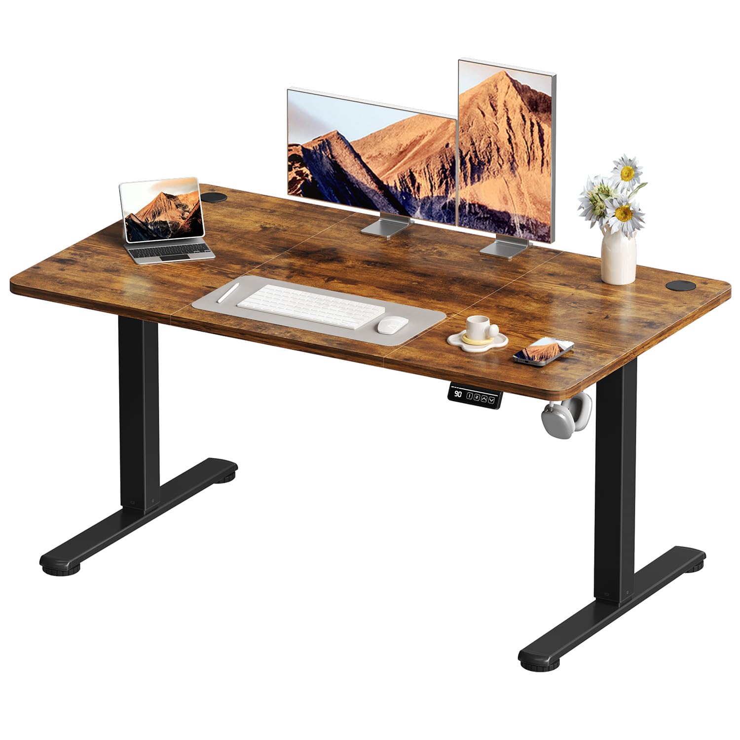 Devoko Electric Standing Desk 130x60cm Sit Stand Table Height Adjustable Desk with Backpack Hook and Memory Smart Panel, Home Office Desk with Splice Board, Rustic Brown