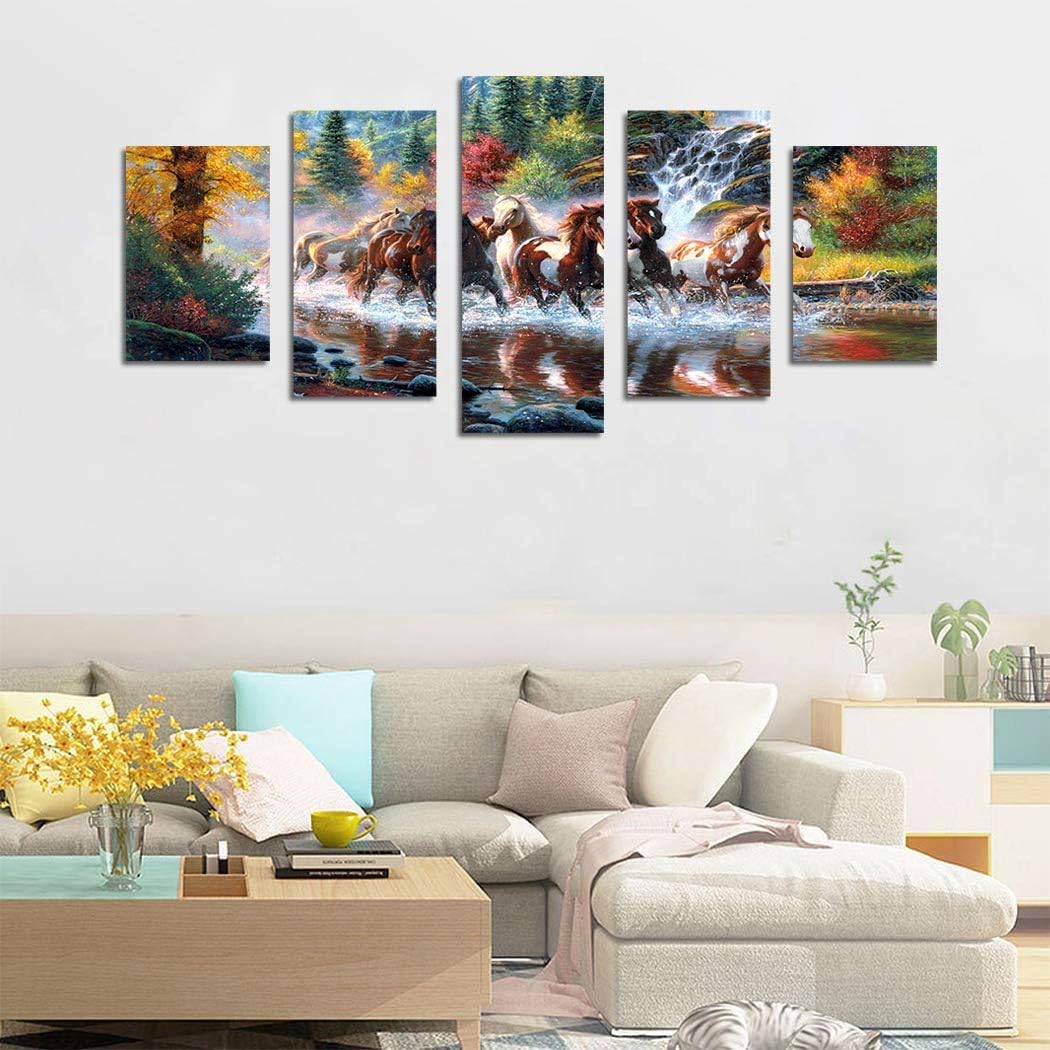 Golden Landscape Home Decor Canvas Print Painting Colorful Animal Horse Picture Wall Art Contemporary Framed Ready To Hang 5 Panel (12''x18''x2+12''x24''x2+12''x30''x1)